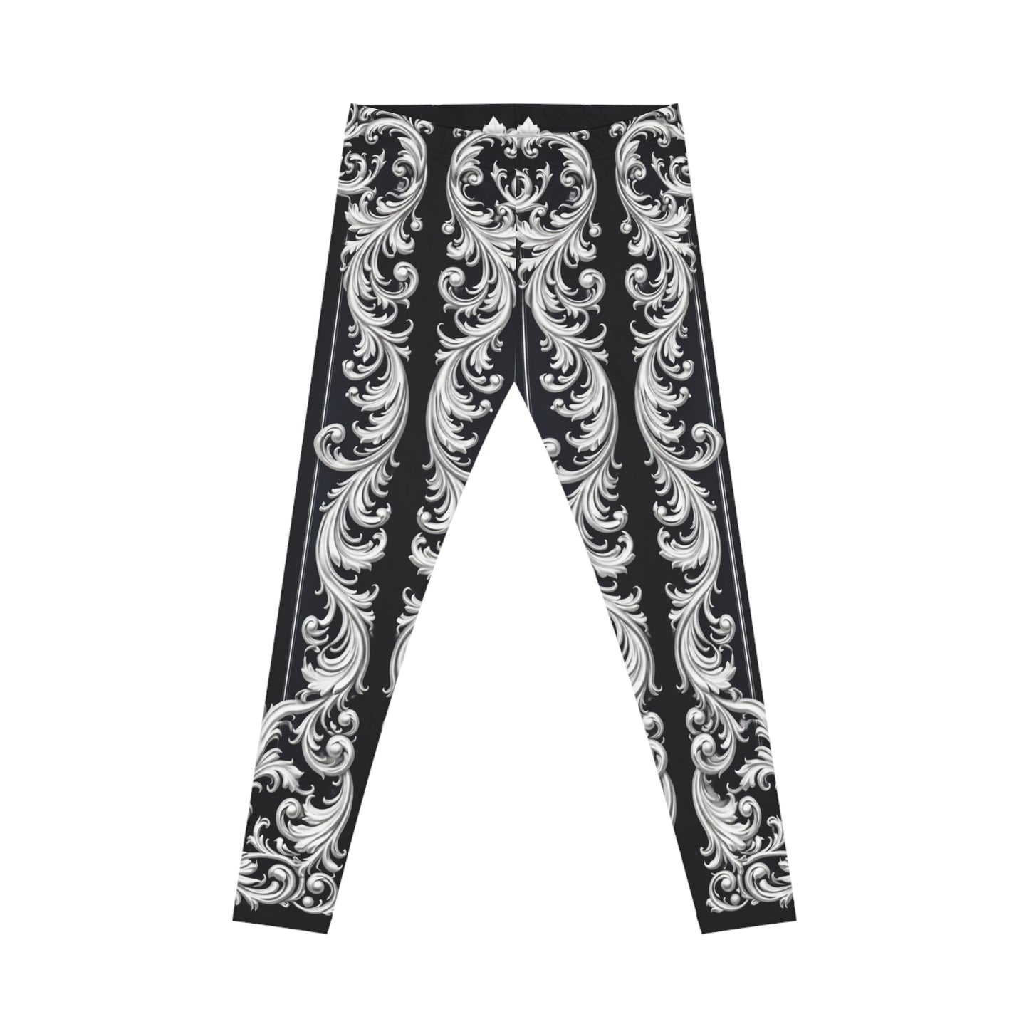 Navy Stripes & Baroque Print Leggings - Vintage Navy Ornate Pattern