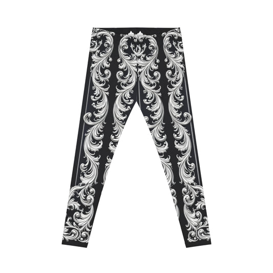 Navy Stripes & Baroque Print Leggings - Vintage Navy Ornate Pattern