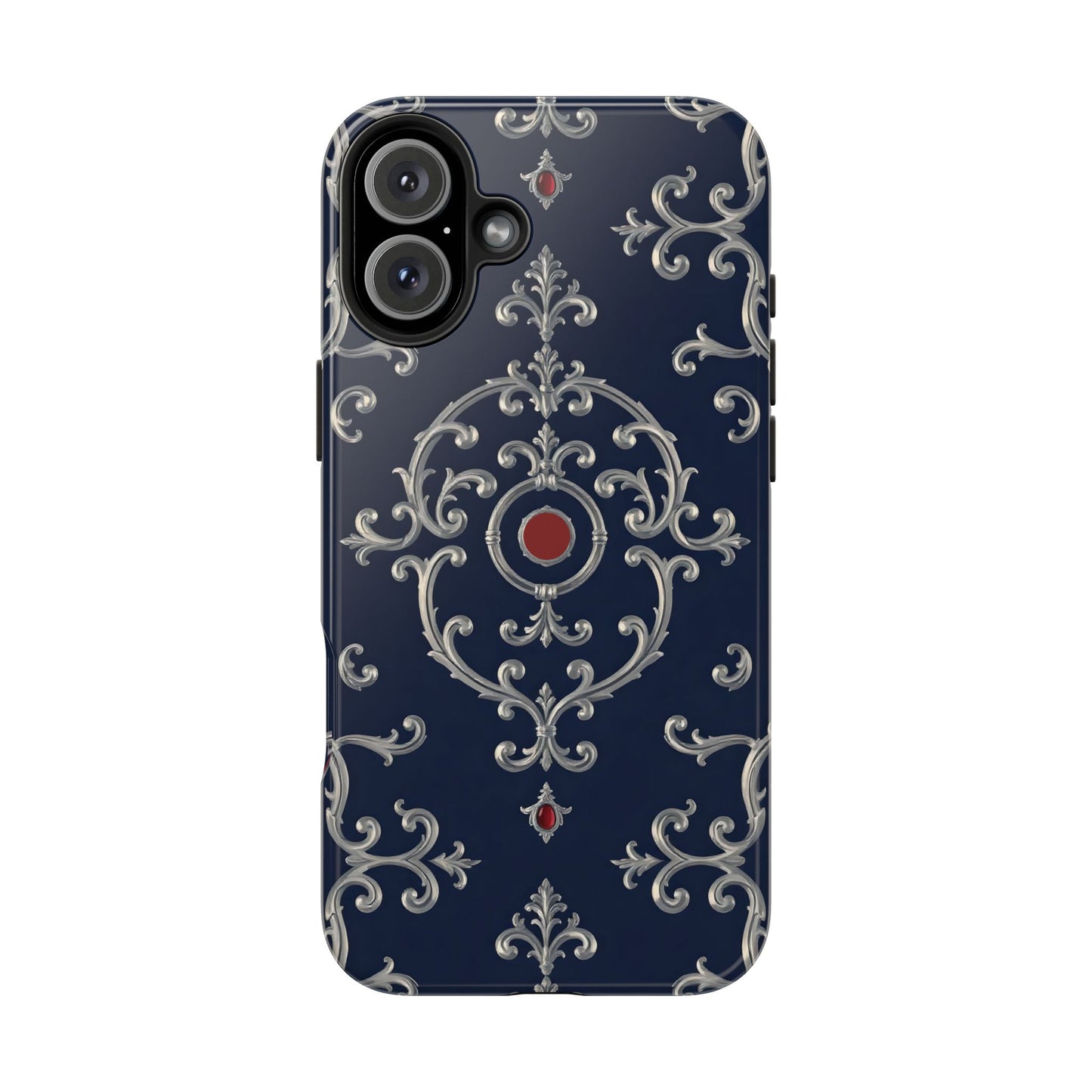 Elegant Patterned Tough Phone Cases for Stylish Protection, Gift for Her, Unique Accessories - Blue & Red Striped Silver Baroque