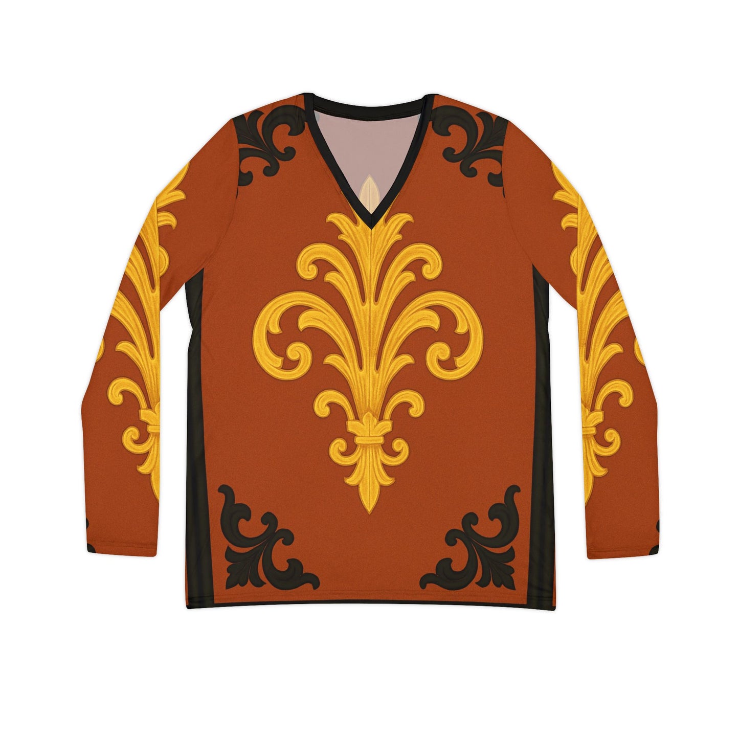 Dusk Terracotta Baroque Women's V-Neck Long Sleeve — Baroque Pattern Shirt
