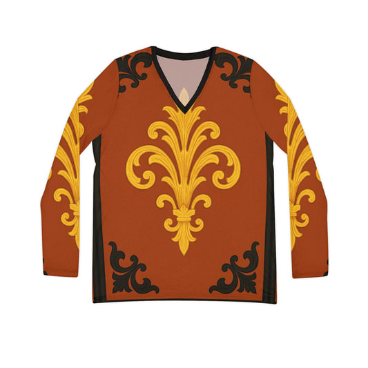 Dusk Terracotta Baroque Women's V-Neck Long Sleeve — Baroque Pattern Shirt