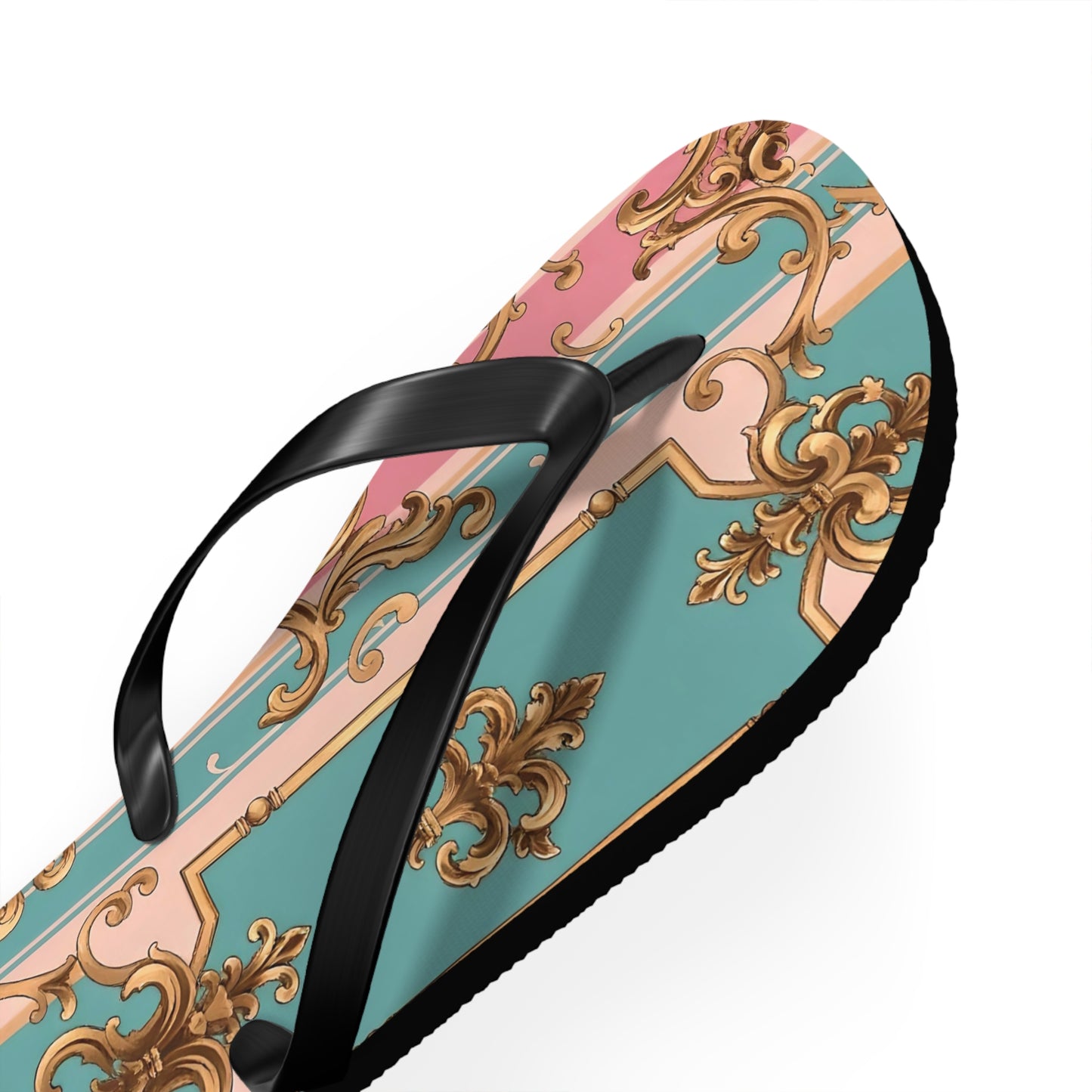 Stylish Flip Flops: Vintage Elegance for Summer Fun, Beachwear, Poolside, Vacation Essentials, Gift for Her - Pink & Matte Turquoise Striped Rococo