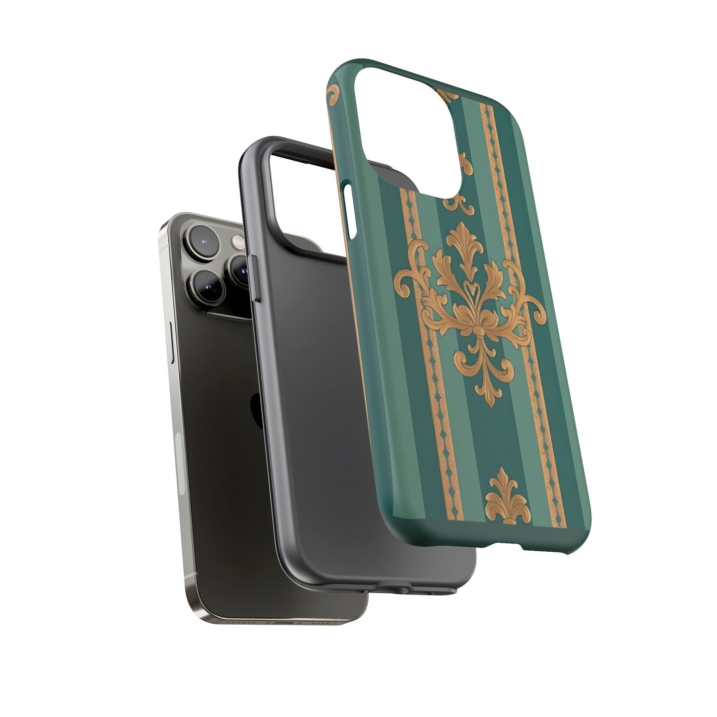 Elegant Floral Motif Phone Case - Tough Cases with Vintage Design - Teal Striped Gold Damask