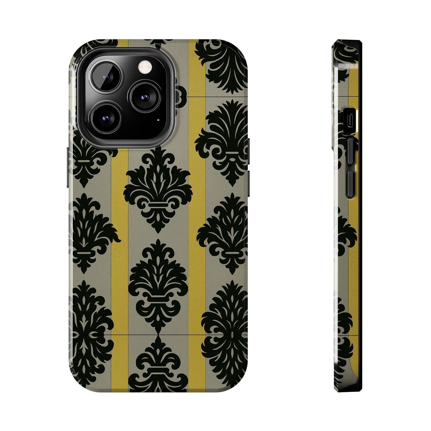 Elegant Baroque Tough Phone Cases | Chic Phone Protection | Gift for Her | Stylish Accessory | Holiday Gift Idea | Silver & Gold Striped Black Baroque