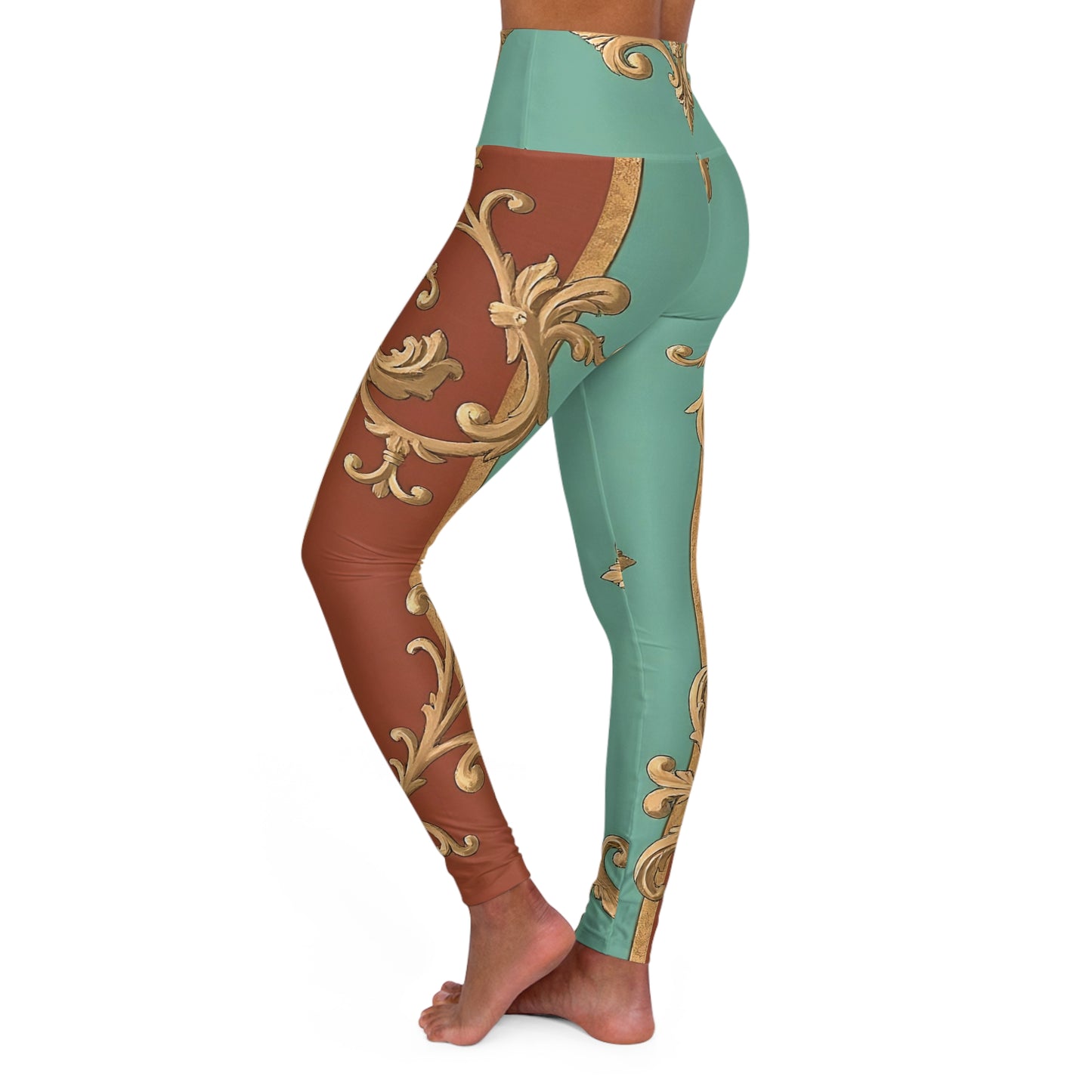 Elegant High Waisted Yoga Leggings with Baroque Design - Perfect for Fitness & Fashion - Rust & Mint Aqua Striped Baroque