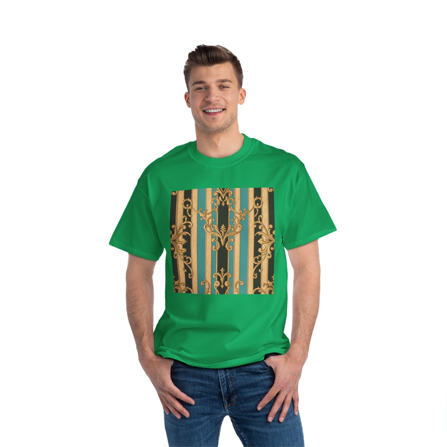 Chic Black, Tan & Ocean Green Striped Gold Baroque Vintage Pattern T-Shirt - Art Shirt, Stylish Casual Wear, Gifts & Everyday Fashion