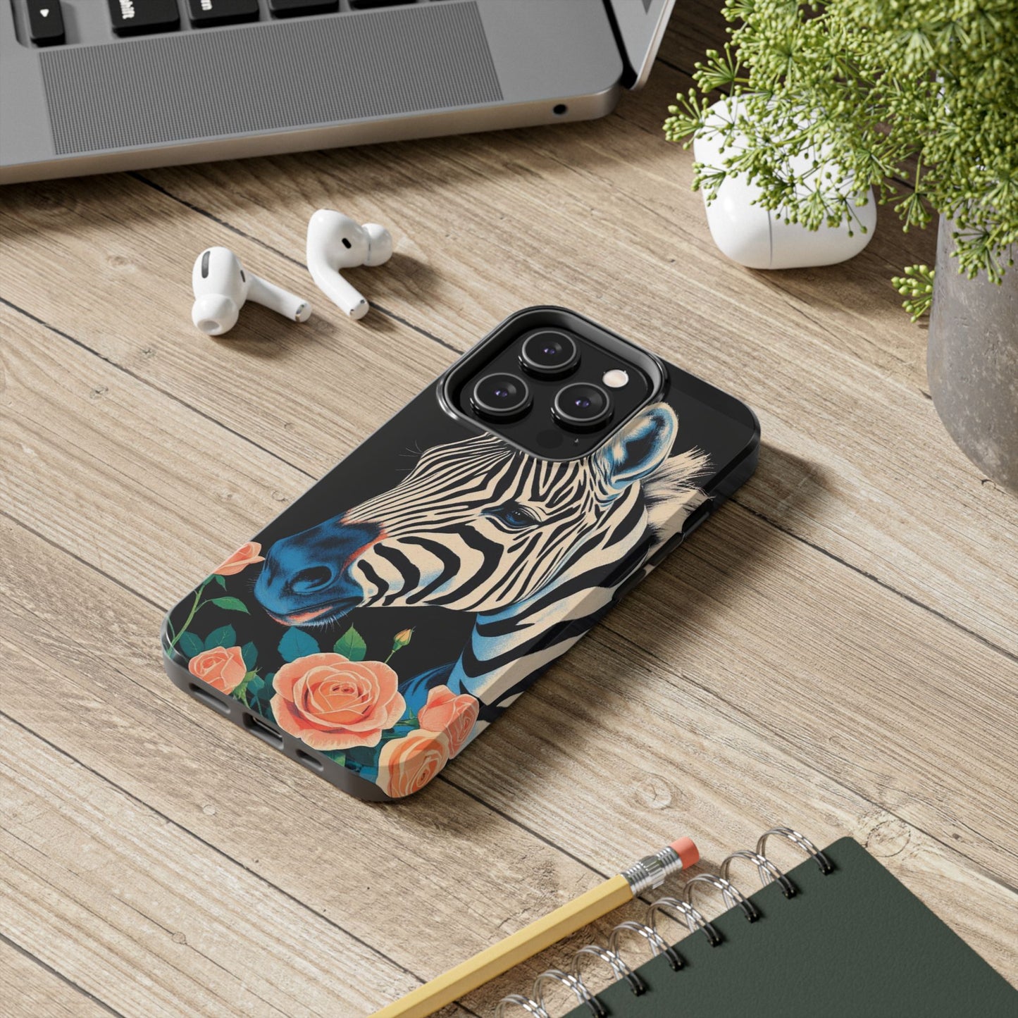 Zebra Tough Phone Case - Trendy Floral Design for Animal Lovers - Blue Zebra & Roses