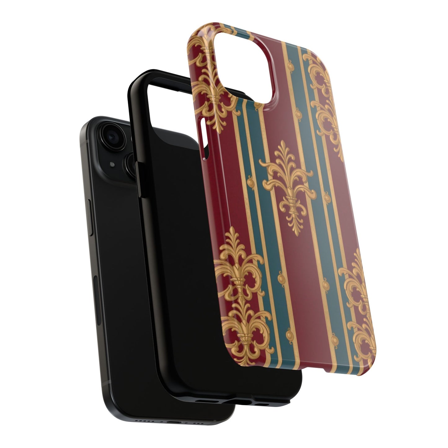 Elegant Vintage Tough Phone Case, Luxury Phone Protection, Stylish Phone Cover, Durable Phone Accessory - Burgundy Striped Gold Baroque