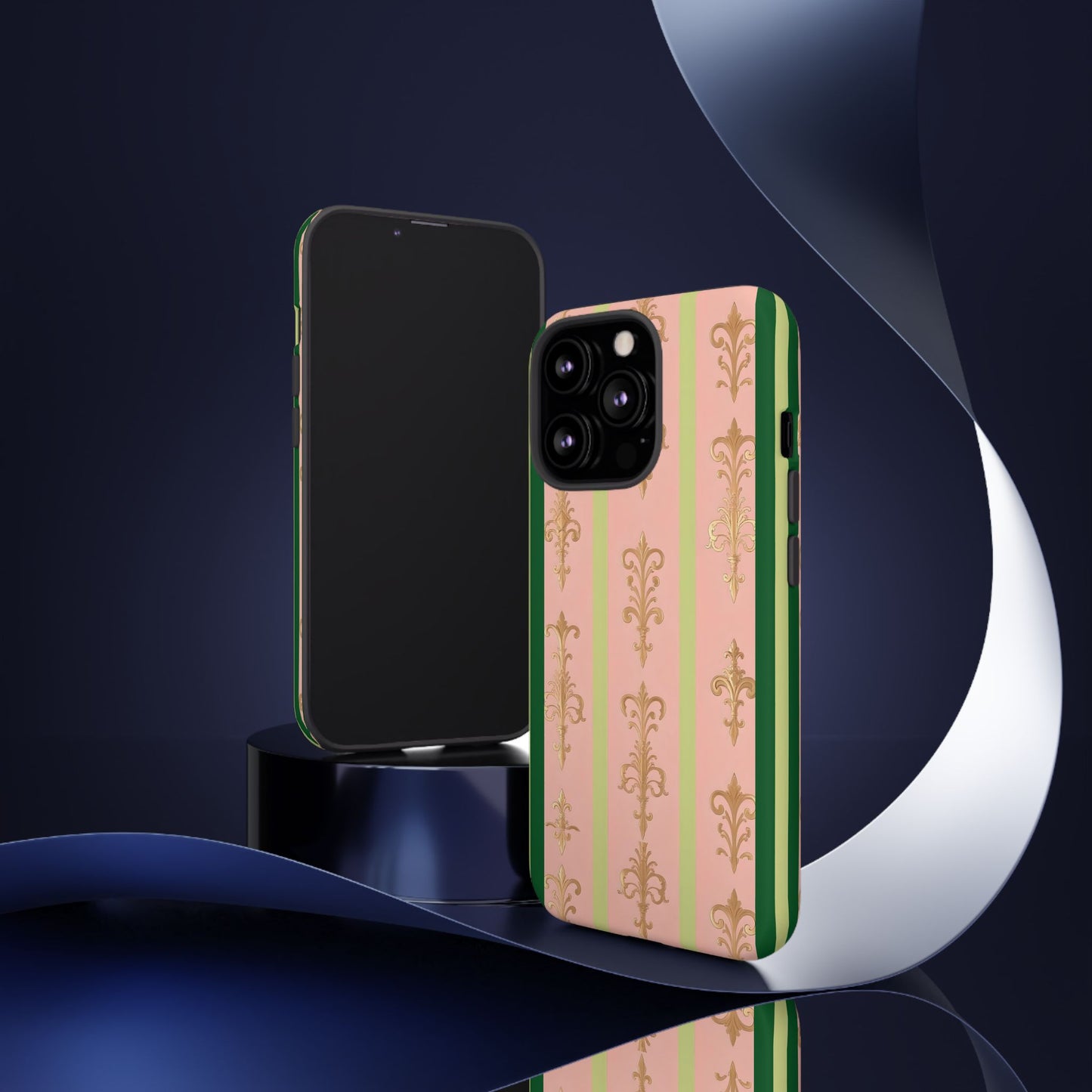 Elegant Floral Motif Phone Case - Tough Cases with Vintage Design - Lime Green & Pink Striped Damask