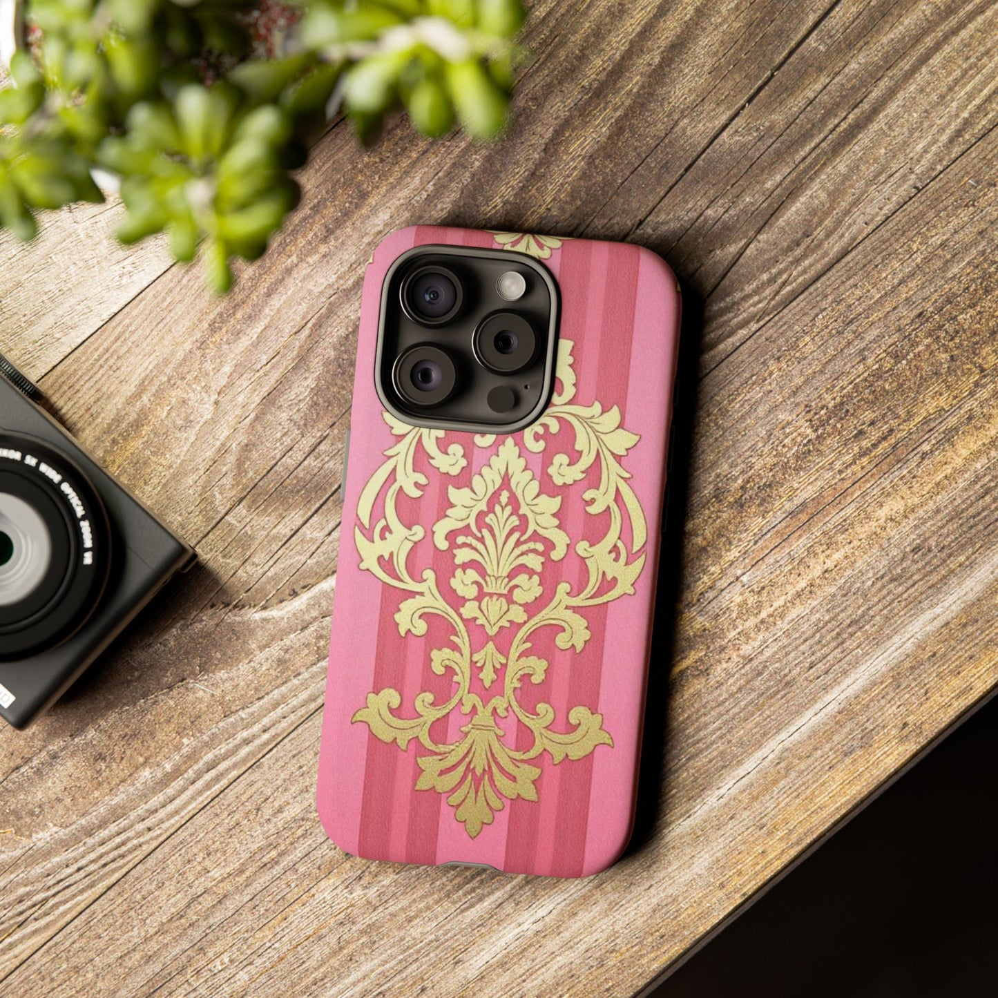 Elegant Floral Motif Phone Case - Tough Cases with Vintage Design - Pink Striped Damask
