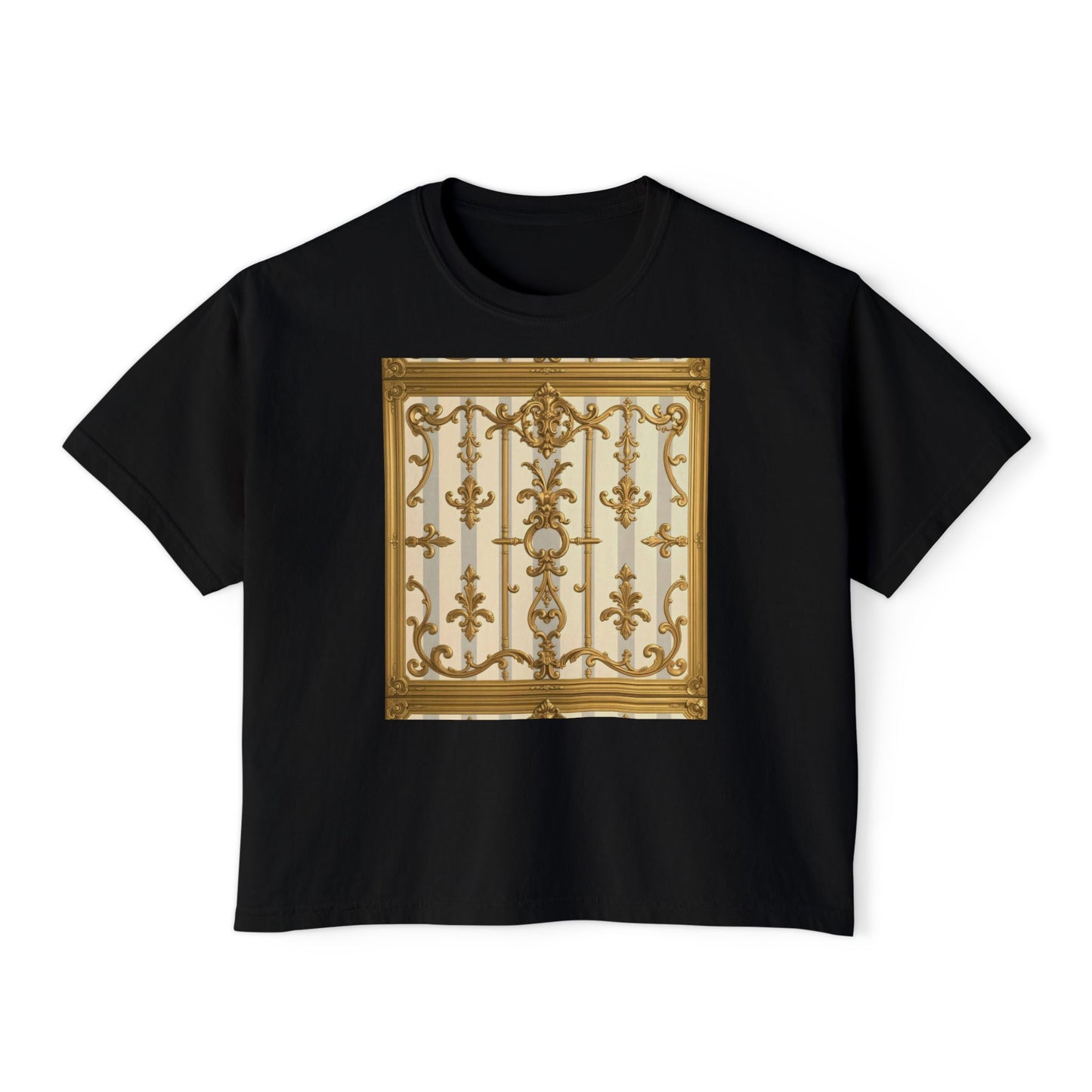 Chic Women's Boxy Tee with Elegant Gate Design, Stylish Casual Wear, Summer Tee, Gift for Her - Matte Gray & Cream Striped Gold Baroque