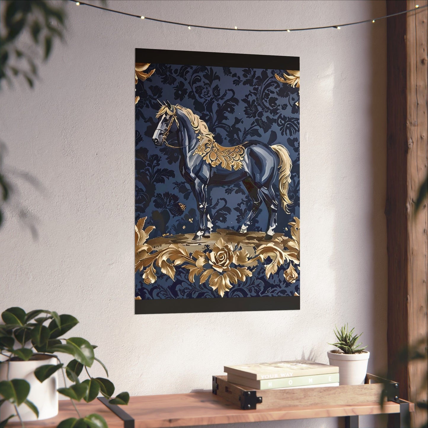 Floral Motif Art Poster - Elegant Matte Vertical Wall Decor - Midnight Blue & Gold Damask Horse