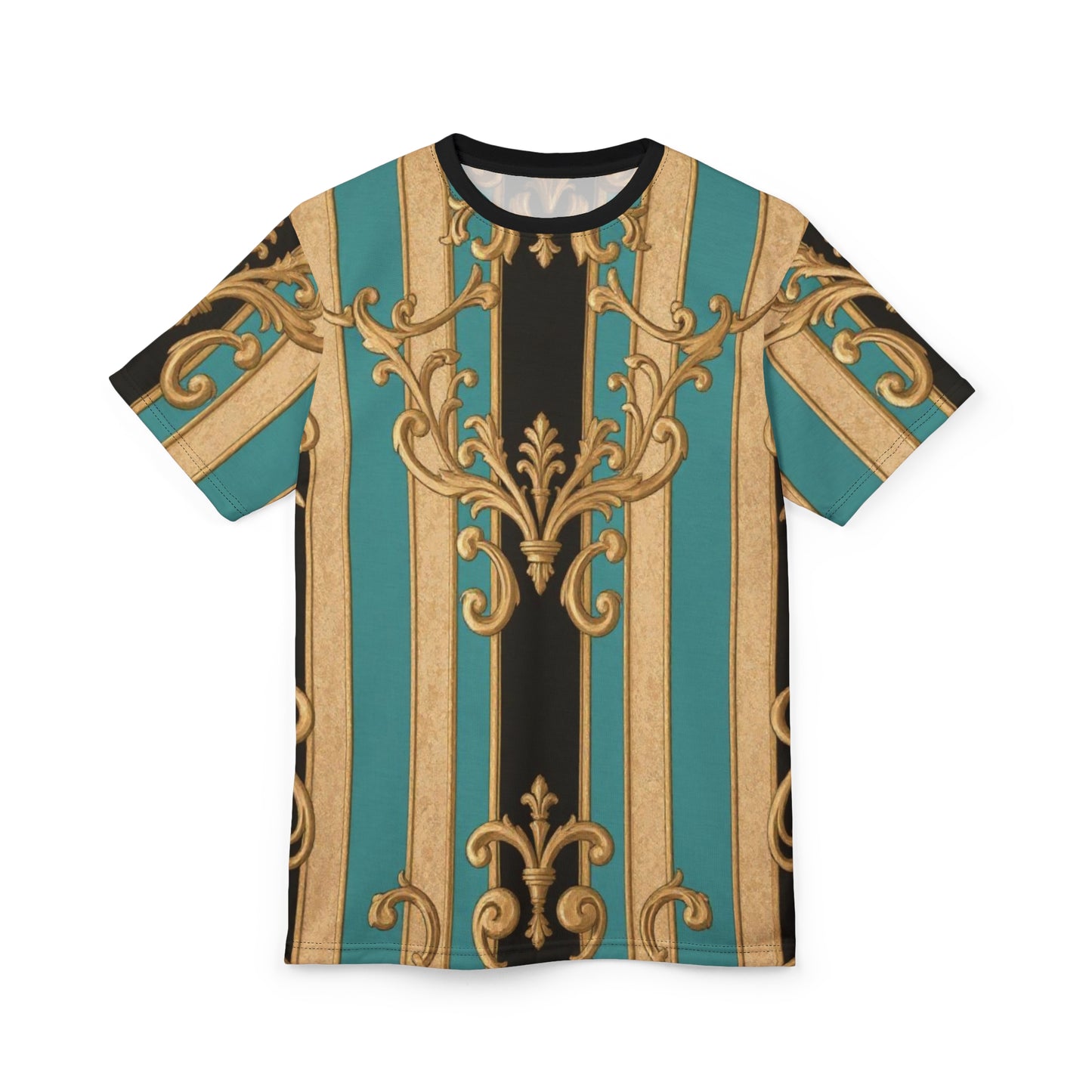 Stylish Unisex Black, Tan & Ocean Green Striped Gold Baroque Cut & Sew Tee - Vibrant Vintage Print, Summer Casual Wear, Perfect Gift for Friends