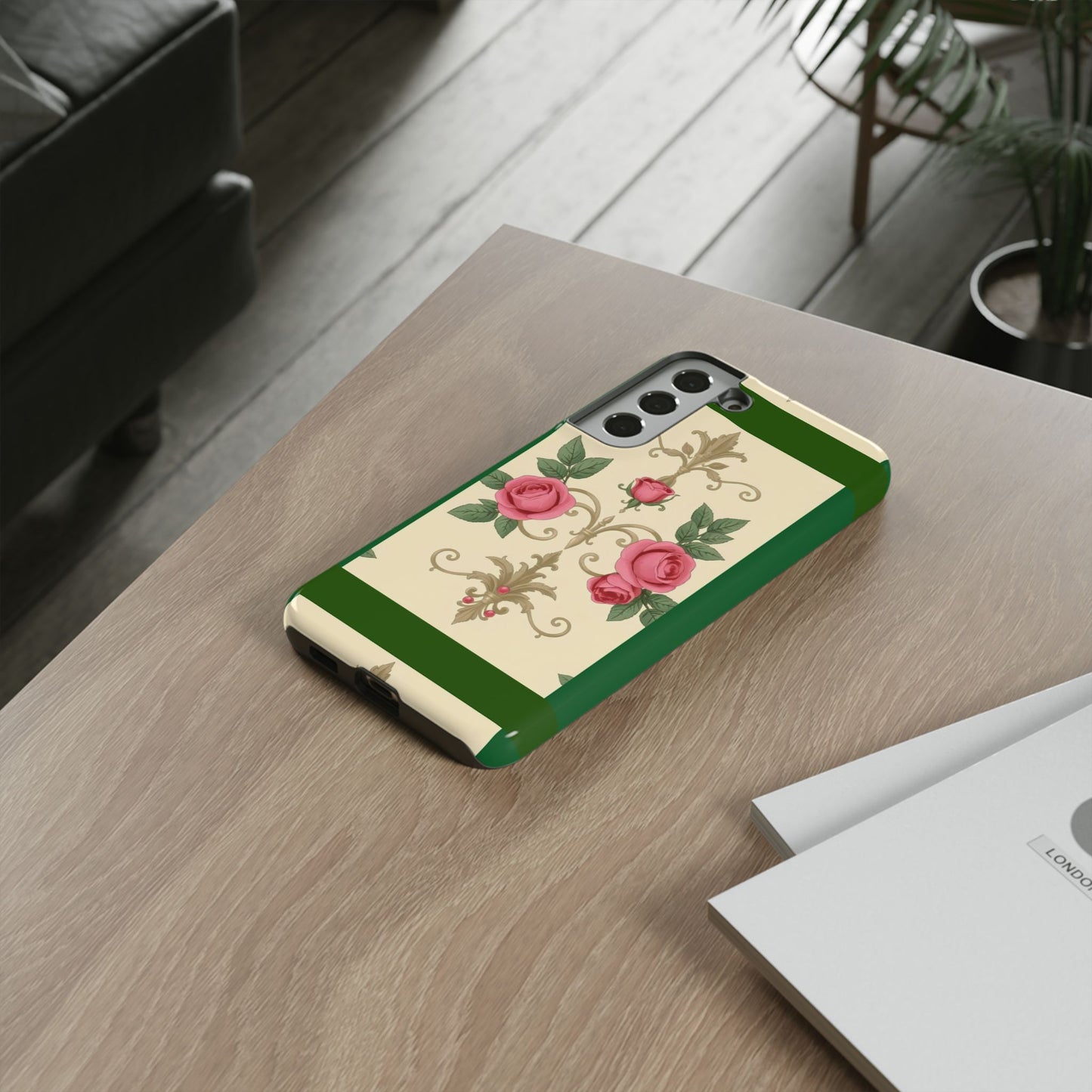 Elegant Floral Motif Phone Case - Tough Cases with Vintage Design - Green Border Roses & Damask
