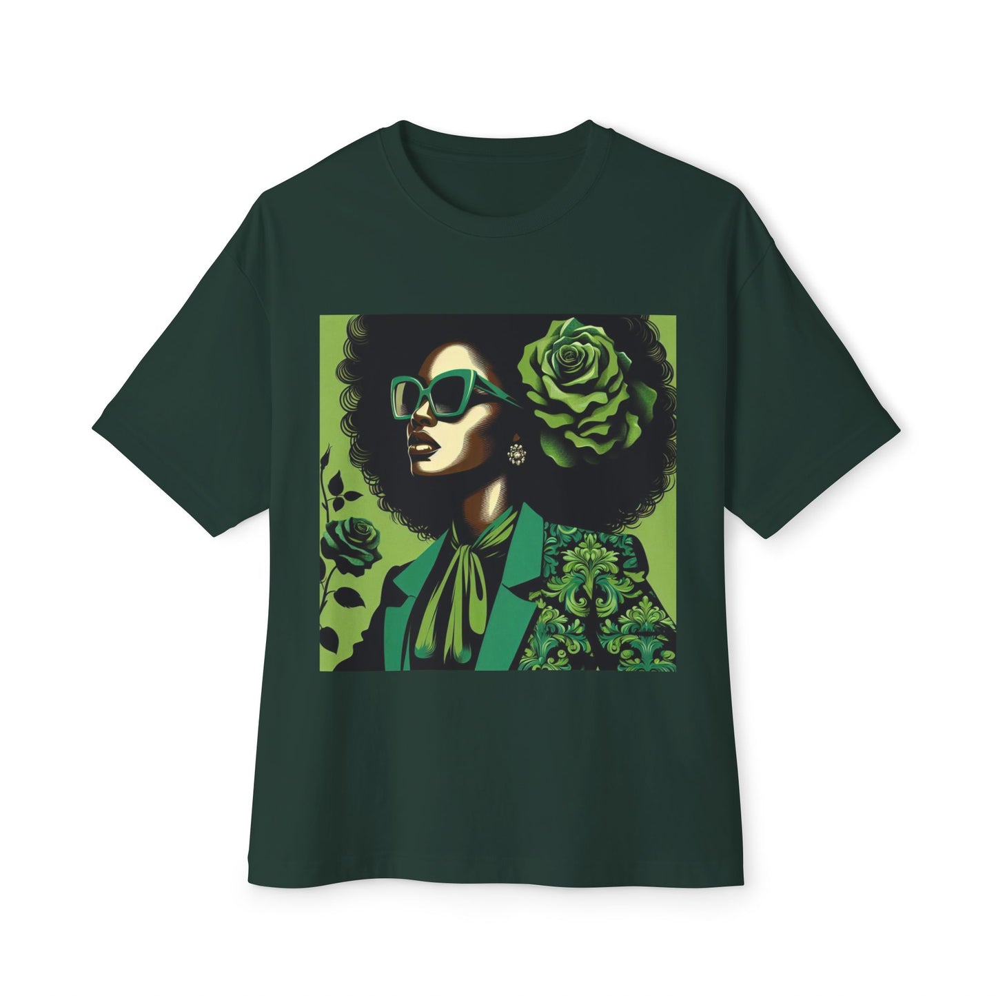 Chic Floral Statement Tee, Stylish Graphic Top, Fashion Gift, Oversized Fit, Trendy Apparel for Women - Lady in Green Damask