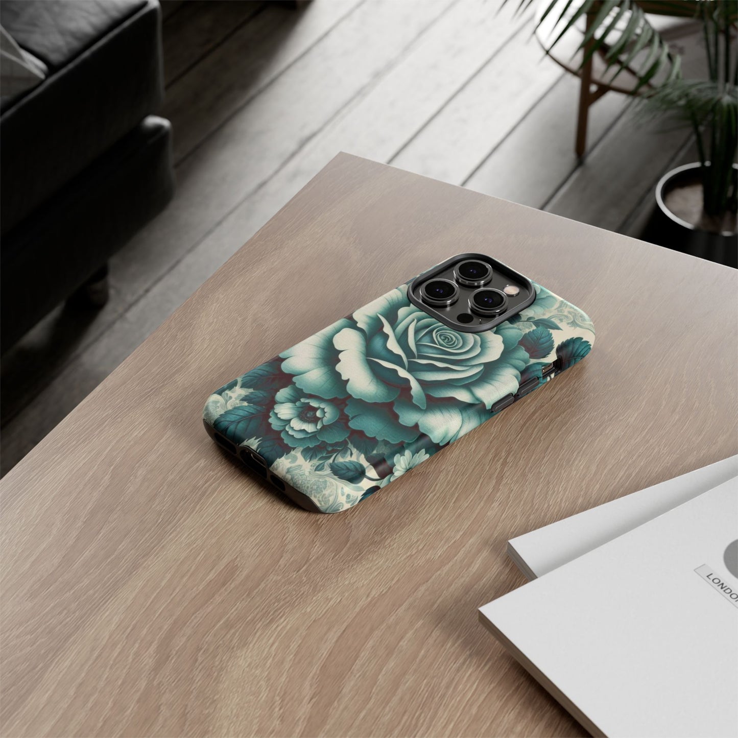 Elegant Floral Motif Phone Case - Tough Cases with Vintage Design - Teal Roses & Damask