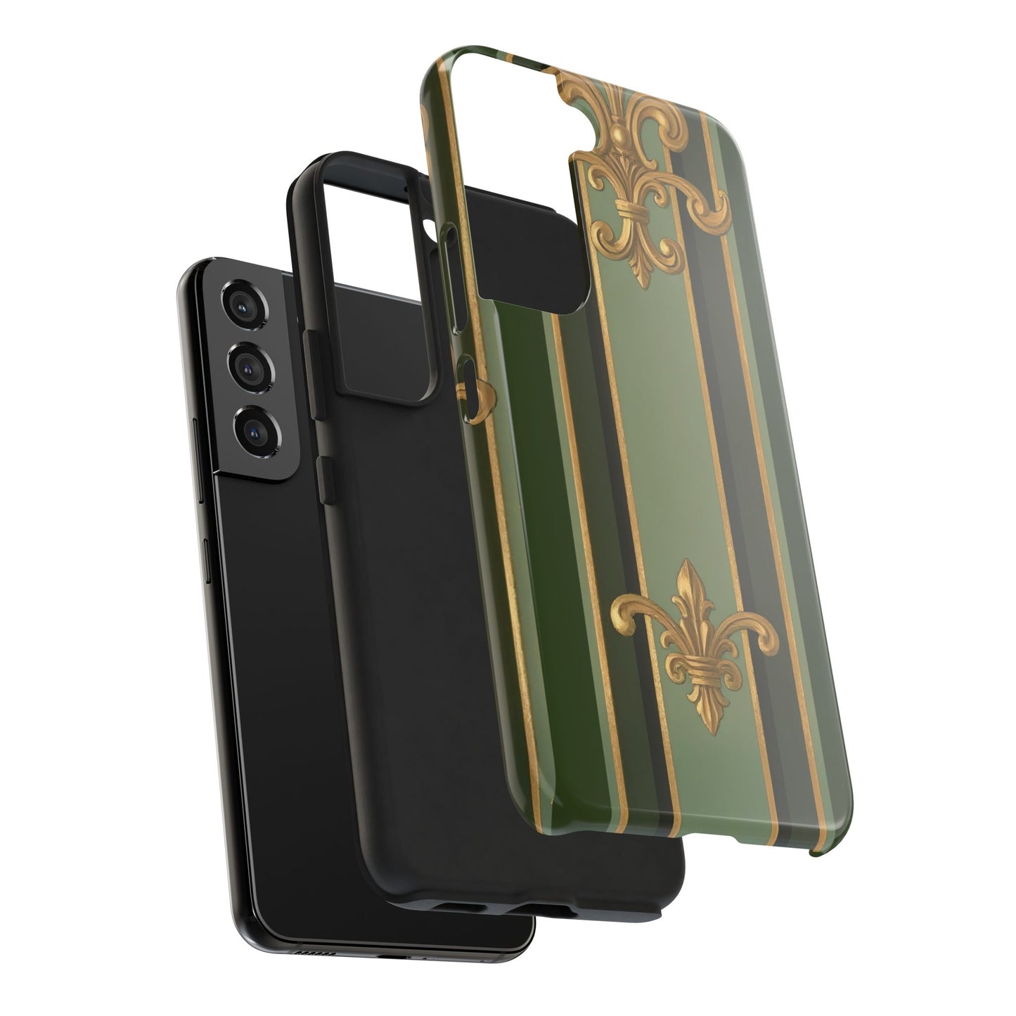 Elegant Tough Phone Cases - Baroque Design, Durable Cell Phone Covers, Unique Gifts for Her, Holiday Gifts - Green Striped Gold Baroque