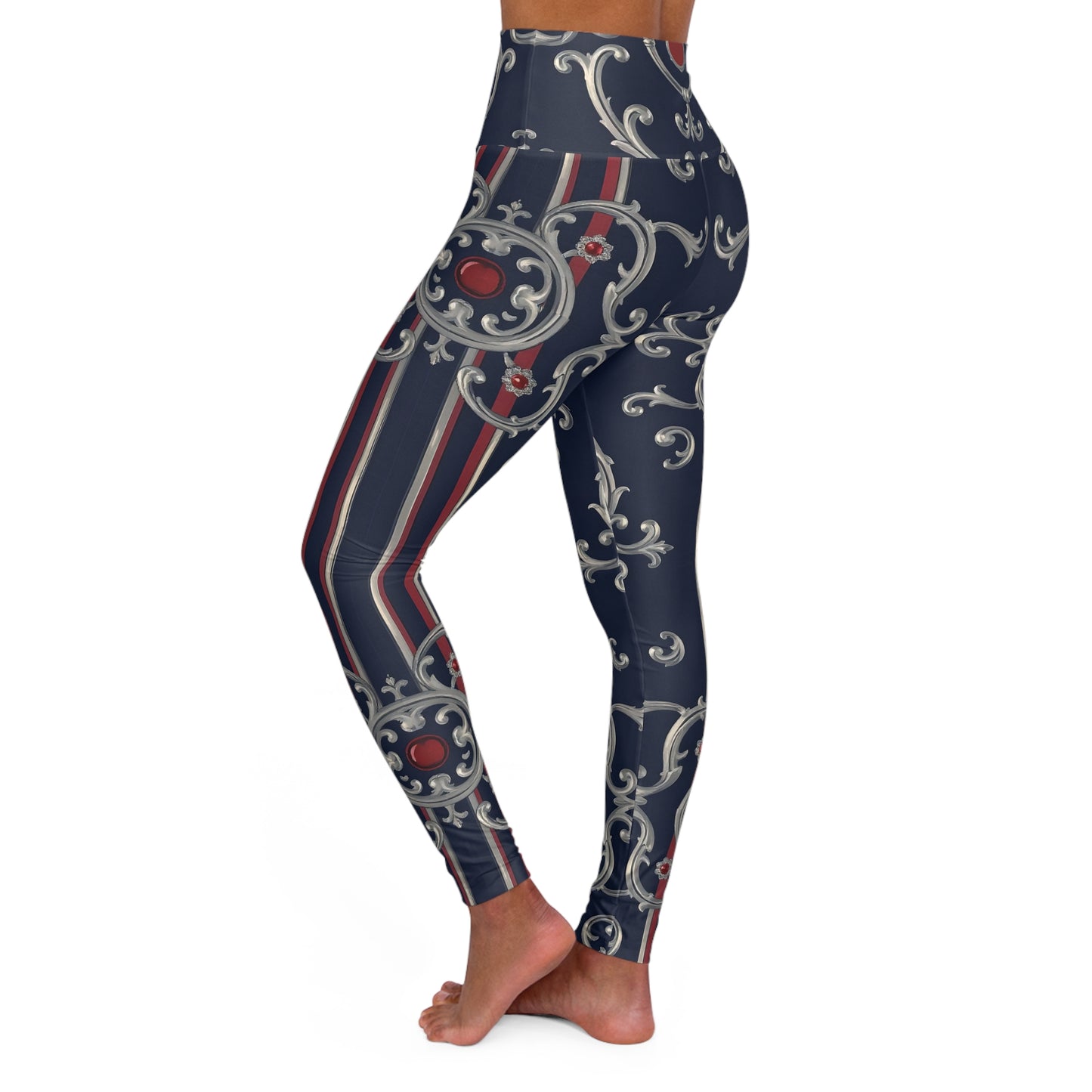Stylish High Waisted Yoga Leggings, Comfortable Activewear, Fitness Gift, Leggings for Women, Trendy Sportswear - Blue & Red Striped Silver Baroque
