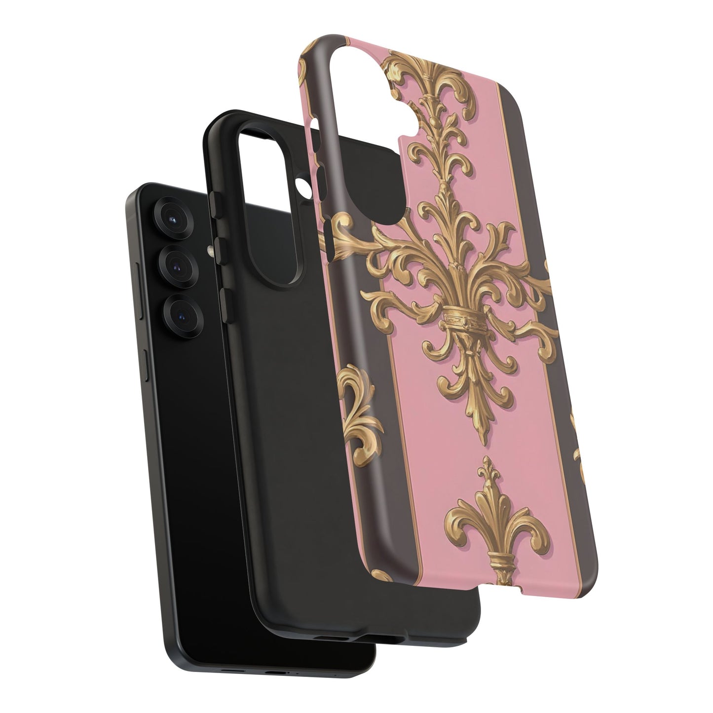 Elegant Floral Motif Phone Case - Tough Cases with Vintage Design - Pink & Brown Striped Gold Damask
