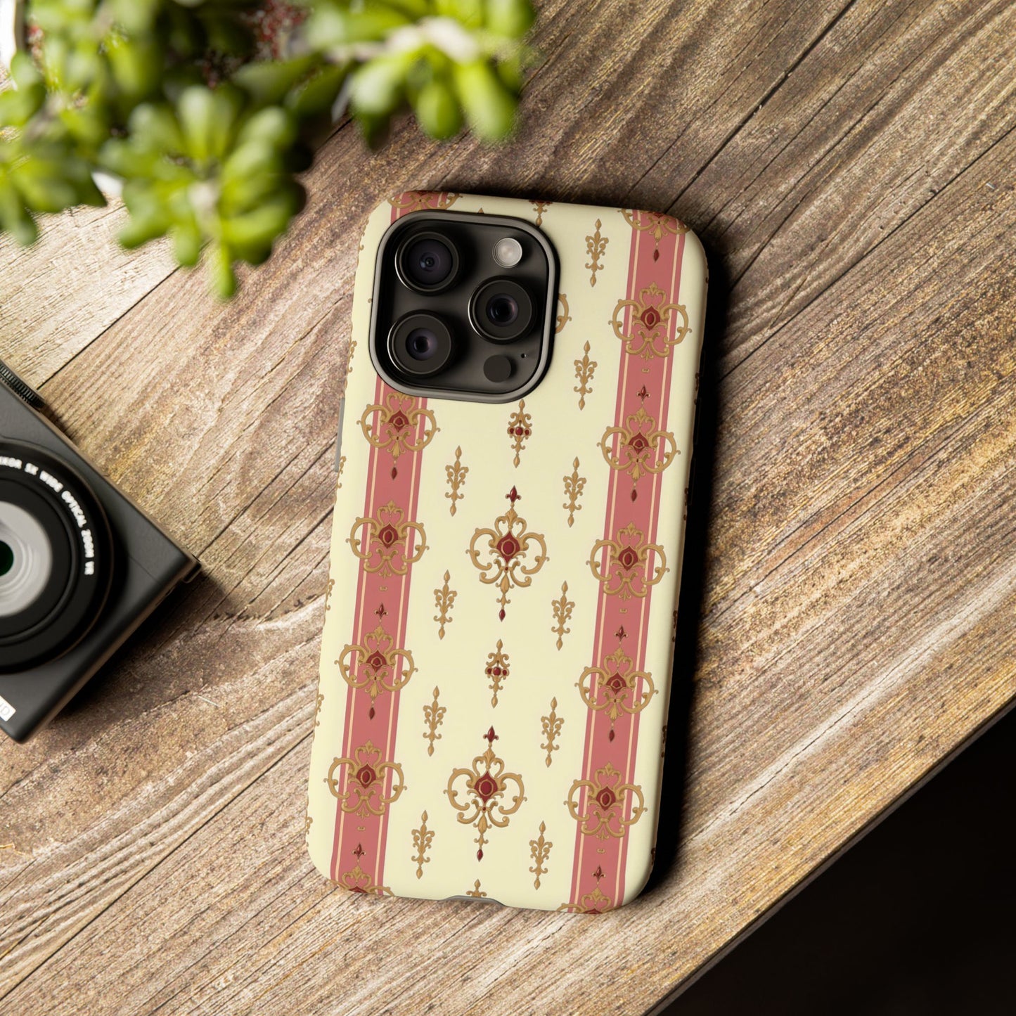 Elegant Floral Motif Phone Case - Tough Cases with Vintage Design - Mauve Striped Gold Damask