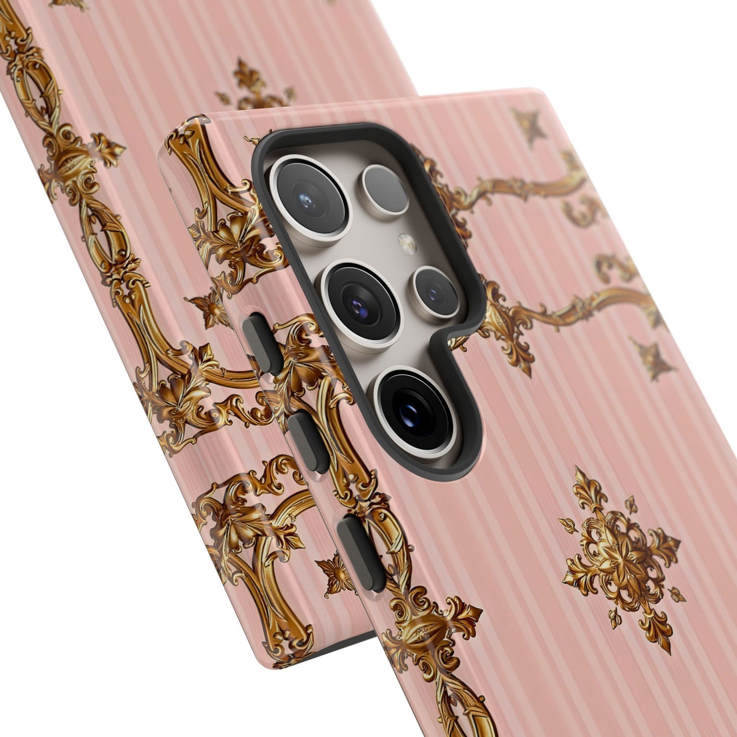Elegant Floral Phone Case, Tough Cases for Women, Trendy Phone Cover, Chic Gift - Pink Striped Gold Baroque