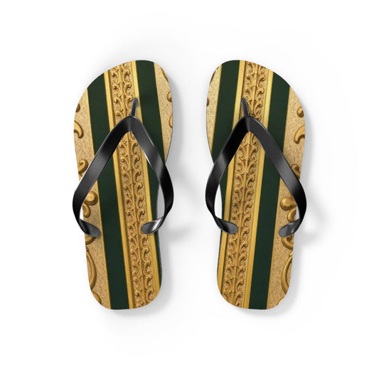 Elegant Teal Striped Gold Baroque Flip Flops, Summer Sandals, Beach Footwear, Vacation Essentials, Stylish Slippers, Poolside Accessories