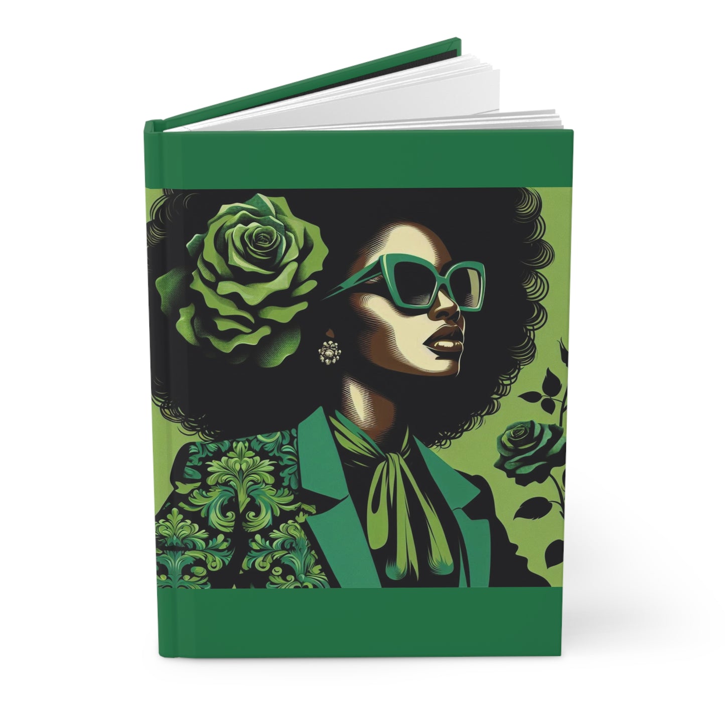 Chic Afrocentric Hardcover Journal, Floral Green, Stylish Planner, Gift for Her, Inspirational Note Book, Eco-Friendly Stationery - Lady in Green Damask
