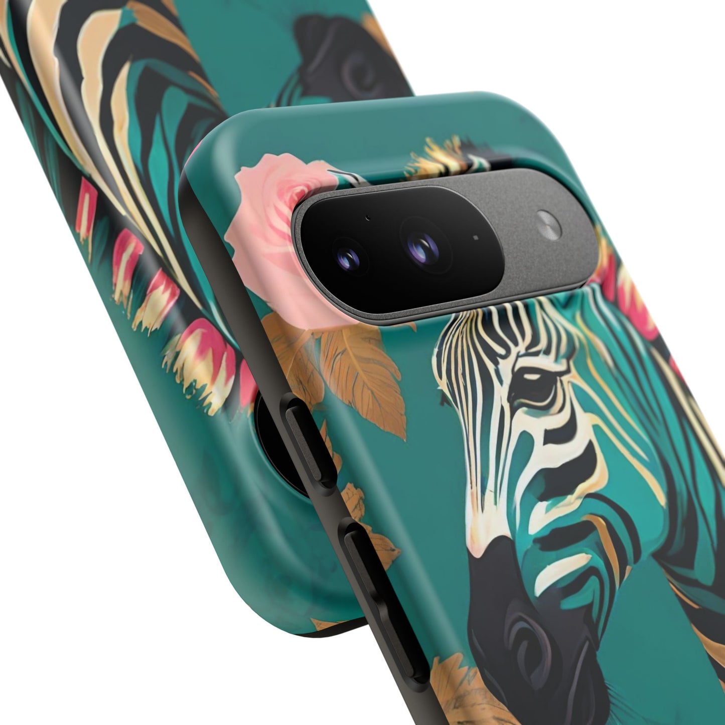 Phone Case - Elegant Teal & Gold Zebra & Roses Design
