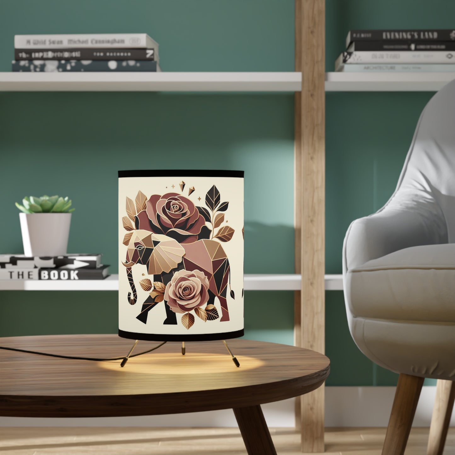 Boho Elephant Tripod Lamp with Floral Design - High-Res Printed Shade - Brown & Gold Elephant & Roses Design