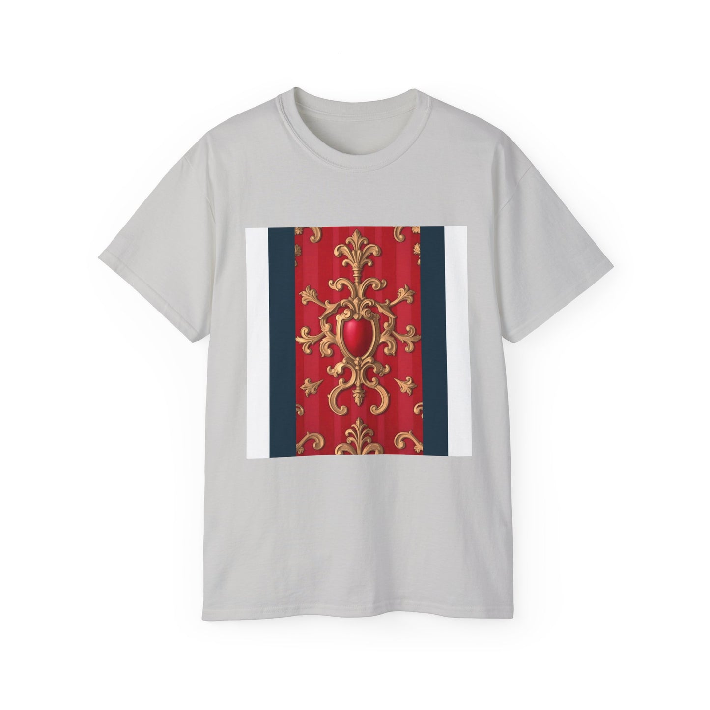 Regal Red Baroque T-Shirt, Artistic Tee, Gift for Art Lovers, Fashionable Statement Shirt, Unique Graphic Top - Blue, Red & White Striped Baroque
