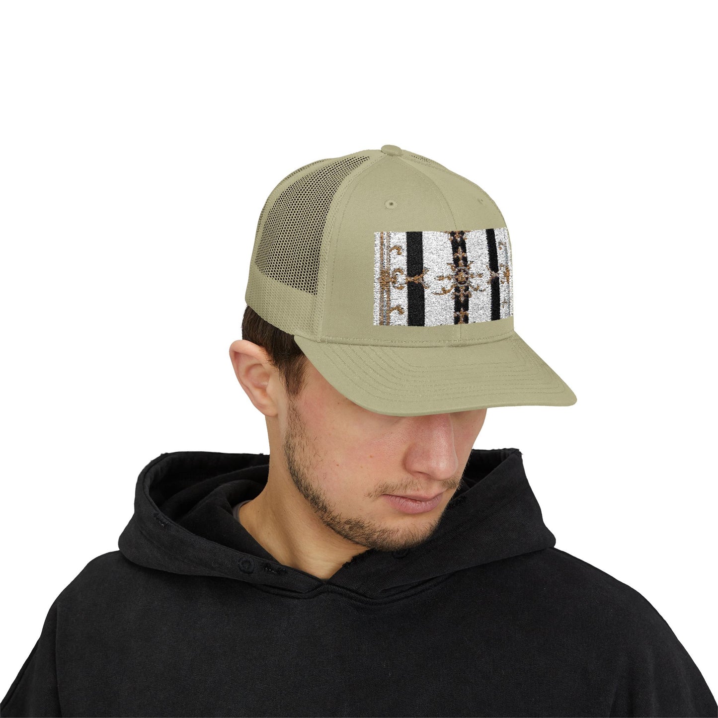 Trendy Snapback Trucker Cap, Casual Fashion Hat, Summer Accessory, Gift Idea for Cool Teens, Outdoor Activities - Black & White Striped Gold Baroque