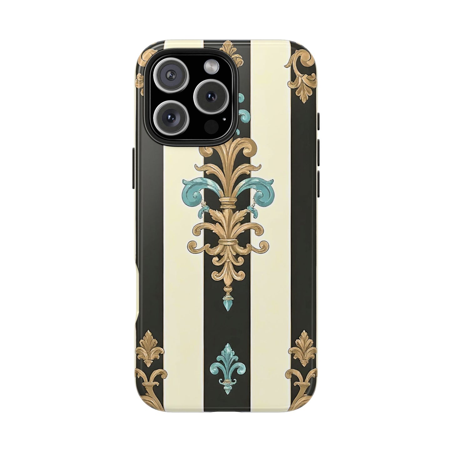 Elegant Vintage Tough Phone Cases, Stylish Phone Accessories, Quality Protection, Gifts for Her - Black Striped Turquoise & Black Rococo