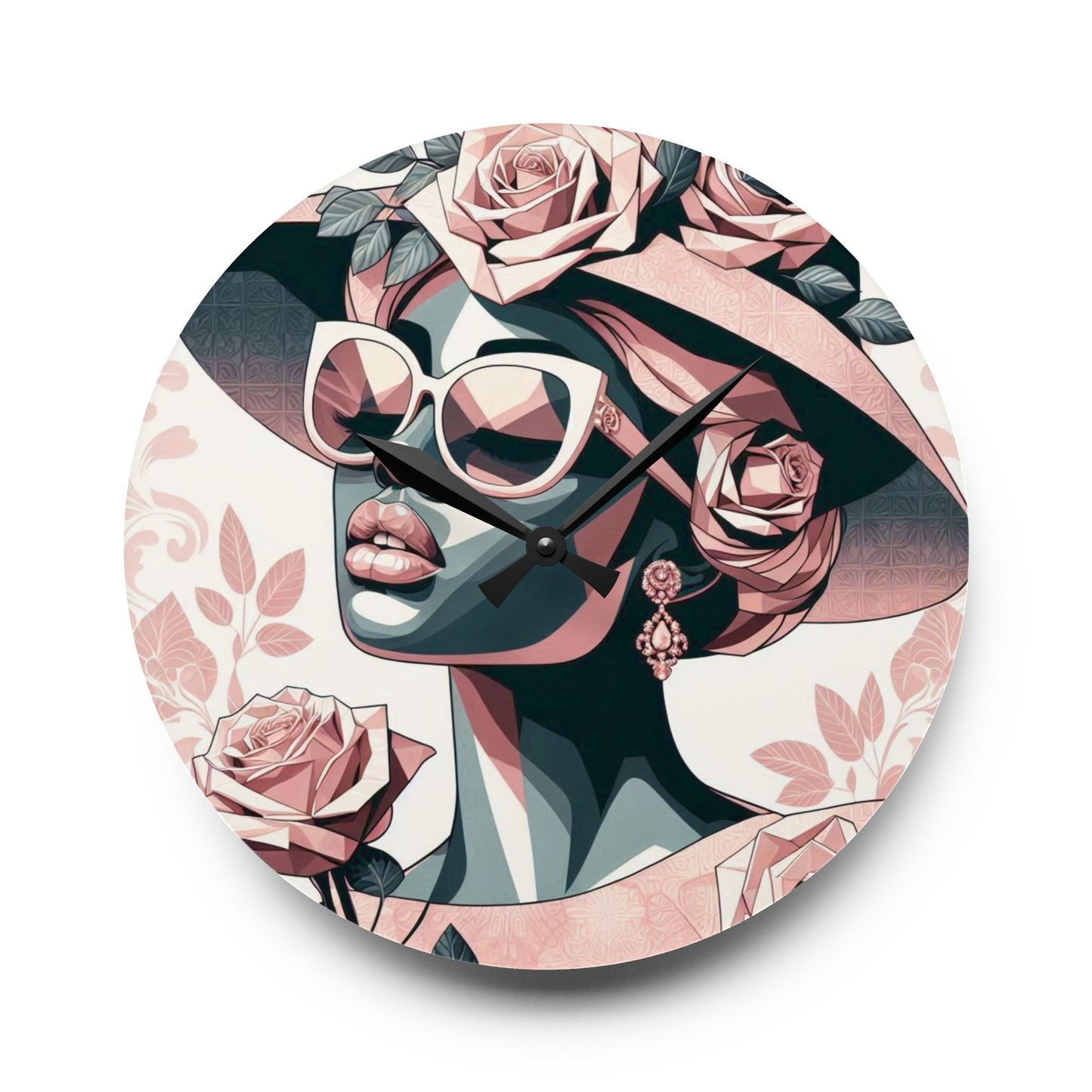 Elegant Floral Acrylic Wall Clock | Home Decor, Living Room Accent, Gift for Her, Art Clock, Modern Design - Pink & Matte Teal Lady