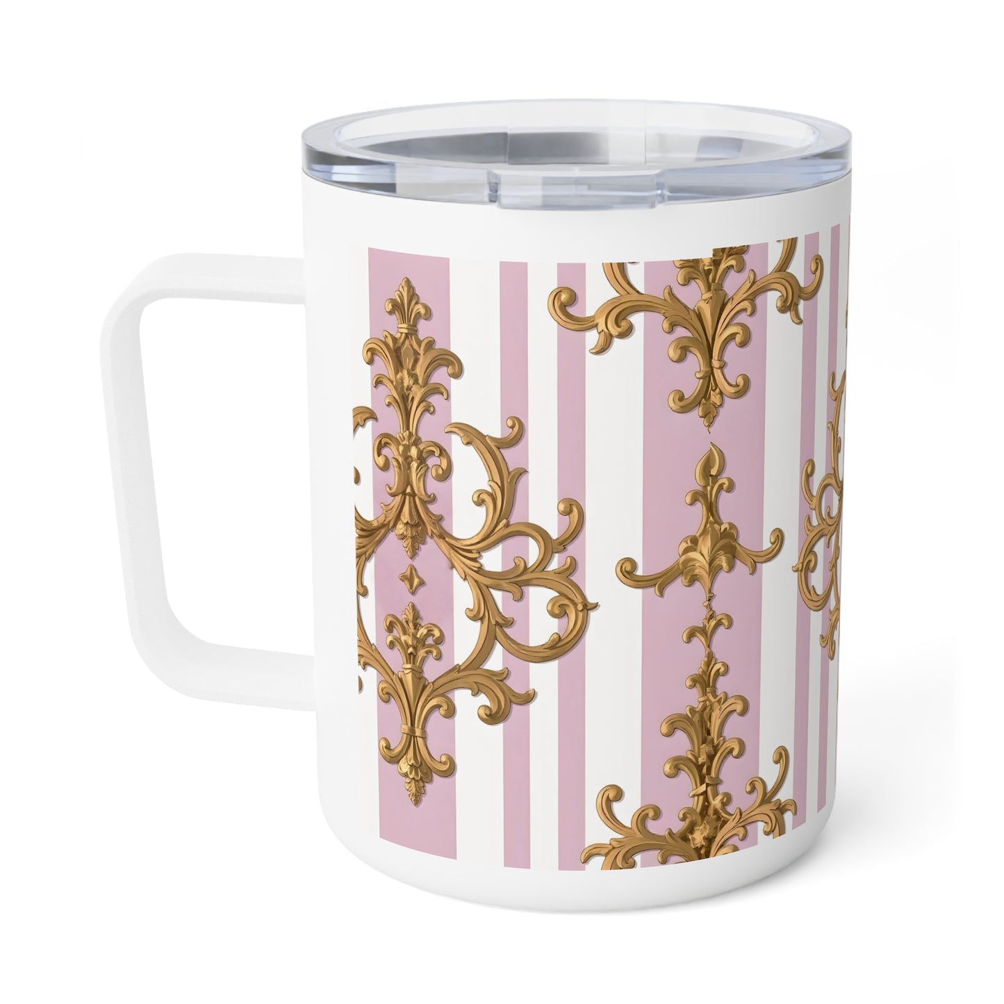 Elegant Baroque Insulated Coffee Mug, 10oz | Stylish Travel Mug, Gift for Coffee Lovers, Decorative Drinkware, Lilac and Gold Design