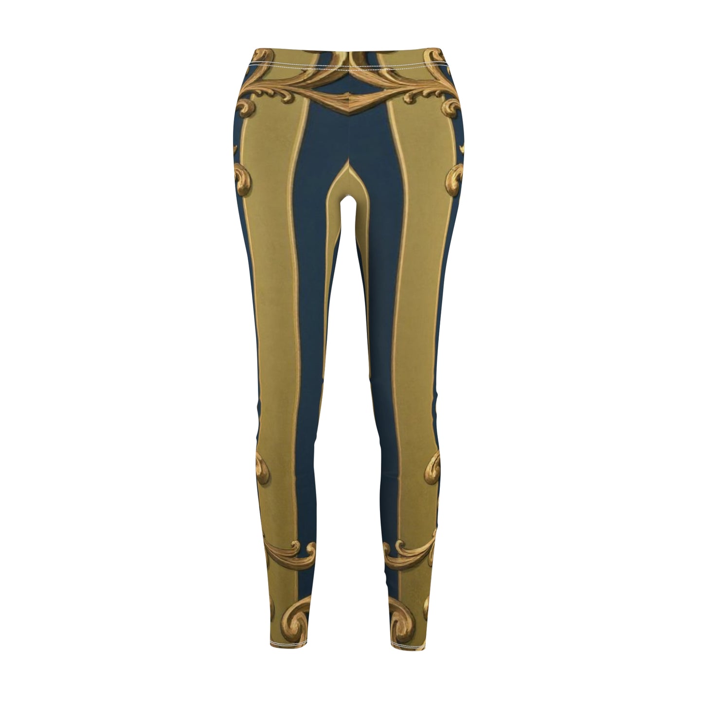 Elegant Midnight Blue & Olive Striped Gold Baroque Vintage Pattern Leggings, Chic Activewear, Stylish Fitness Pants, Art-Inspired Leisurewear