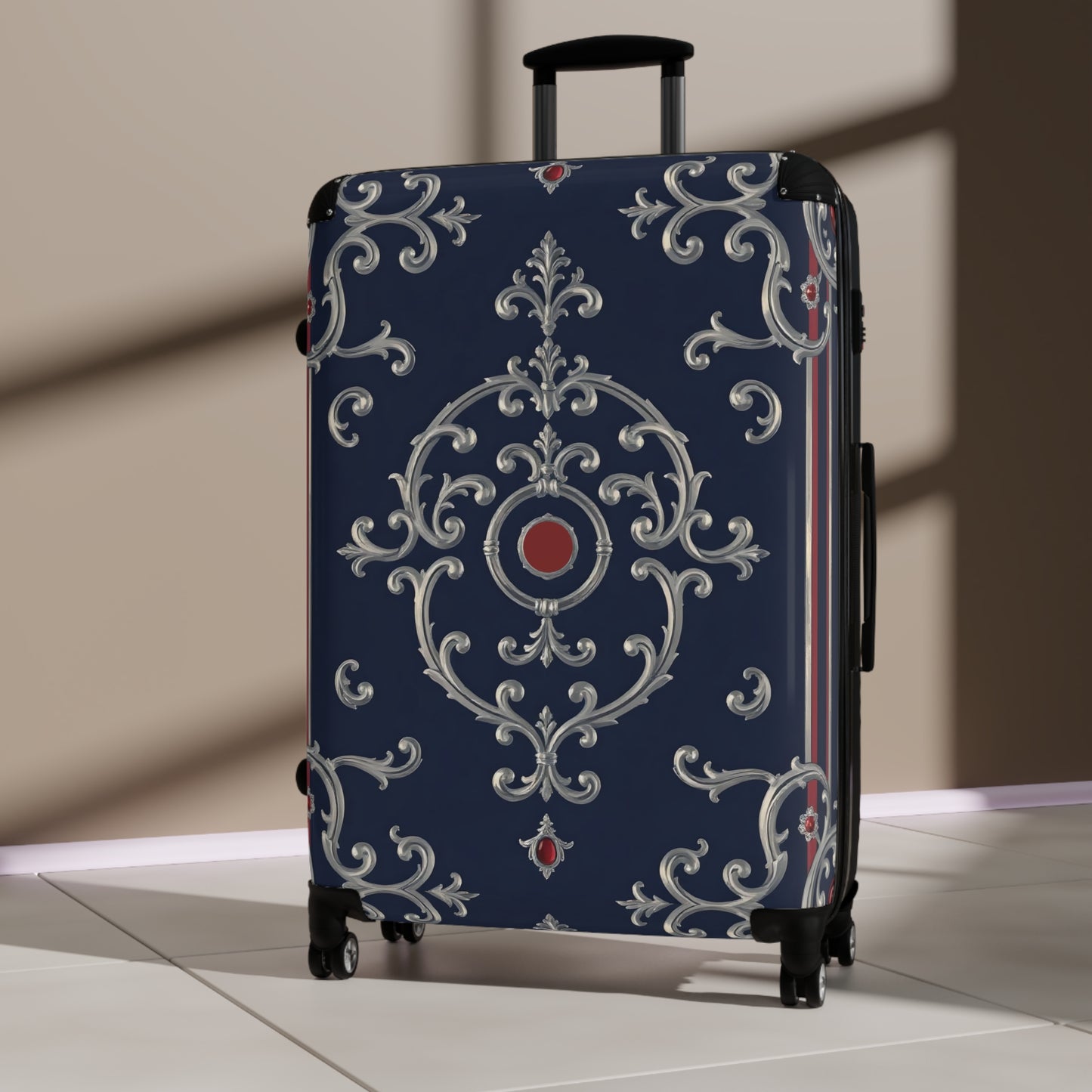 Stylish Travel Suitcase with Elegant Design, Luggage for Vacations, Weekend Getaways, Travel Accessories - Blue & Red Silver Baroque