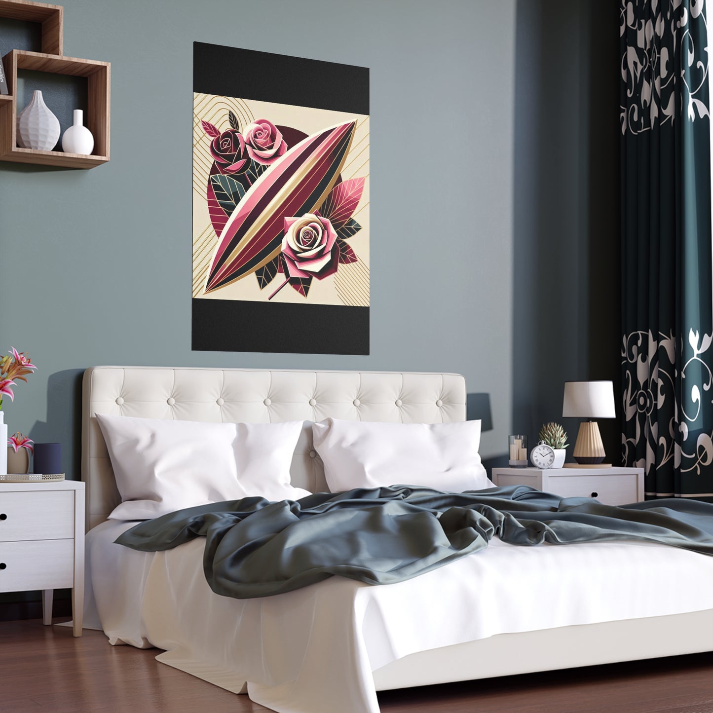 Elegant Floral Silk Poster - Indoor/Outdoor Wall Art for Home Decor - Pink & Burgundy Striped Surfboard & Roses