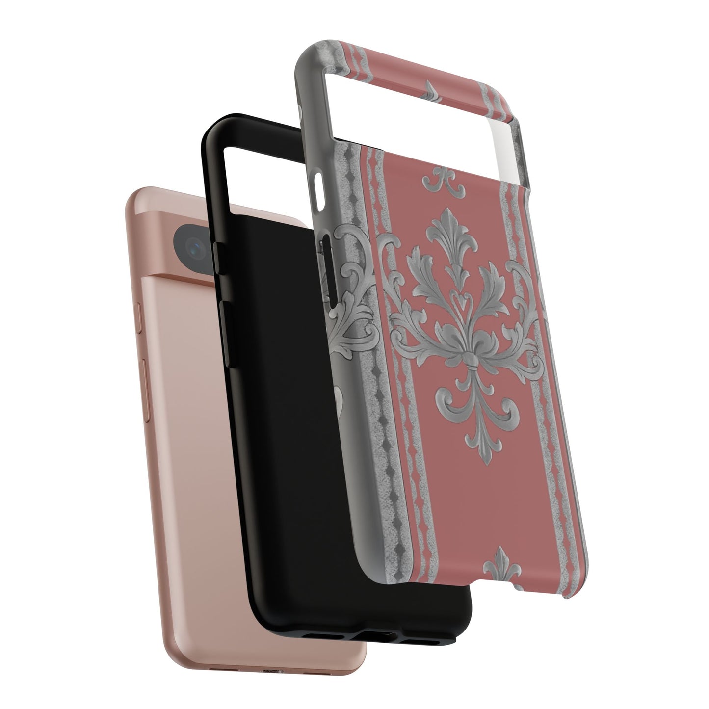 Elegant Floral Phone Case - Tough Cases for Stylish Protection - Gray & Mauve Striped Baroque