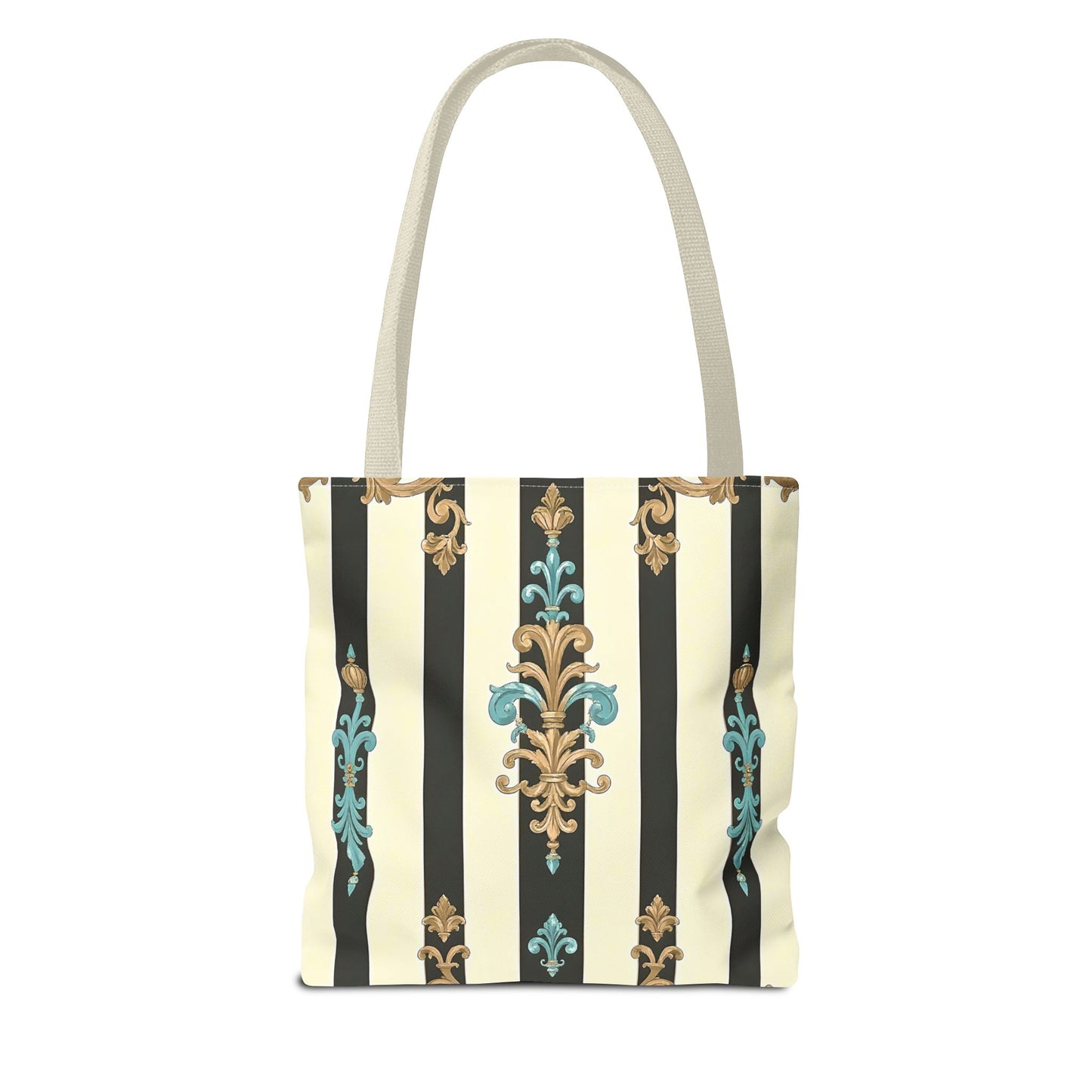 Elegant Stripe Pattern Tote Bag | Fashionable Reusable Shopping Tote, Eco-Friendly Gift Bag - Black Striped Turquoise & Black Rococo
