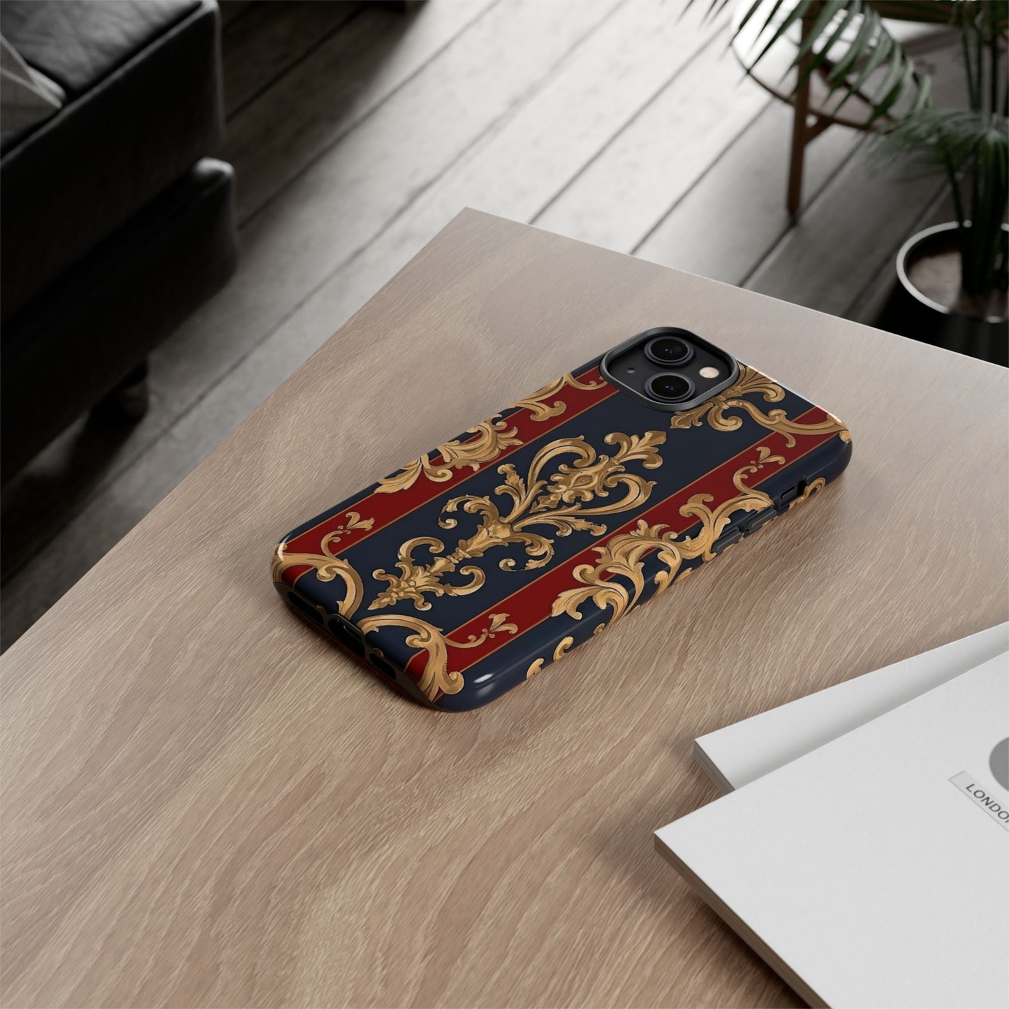 Elegant Floral Motif Phone Case - Tough Cases with Vintage Design - Midnight Blue & Dusk Red Striped Gold Damask