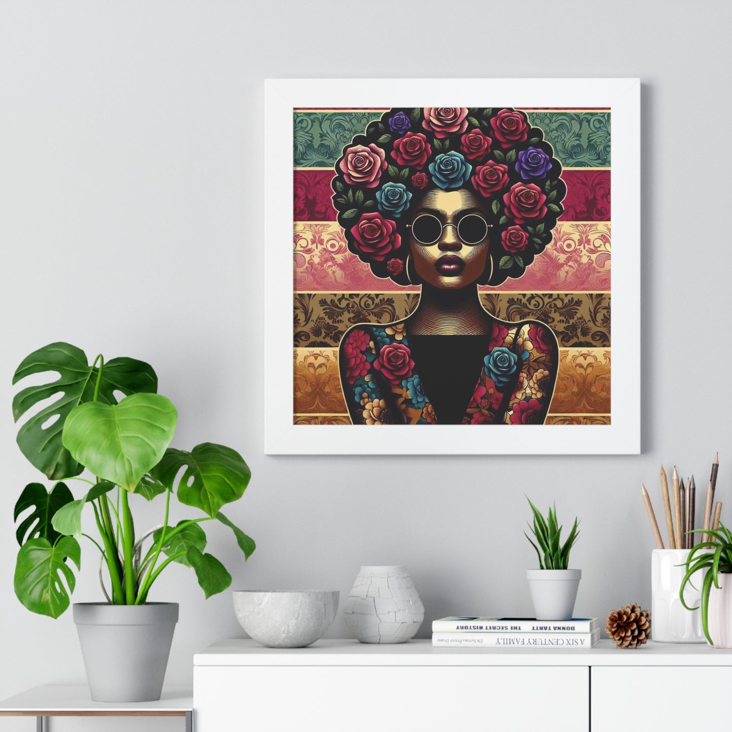 Vertical Poster Lady In Damask & Roses Wall Art
