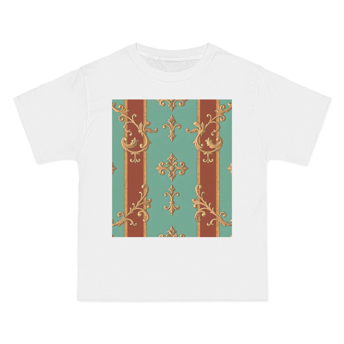 Elegant Vintage Patterned T-Shirt | Vintage Style Tee, Casual Wear, Retro Aesthetic - Rust & Mint Aqua Striped Baroque