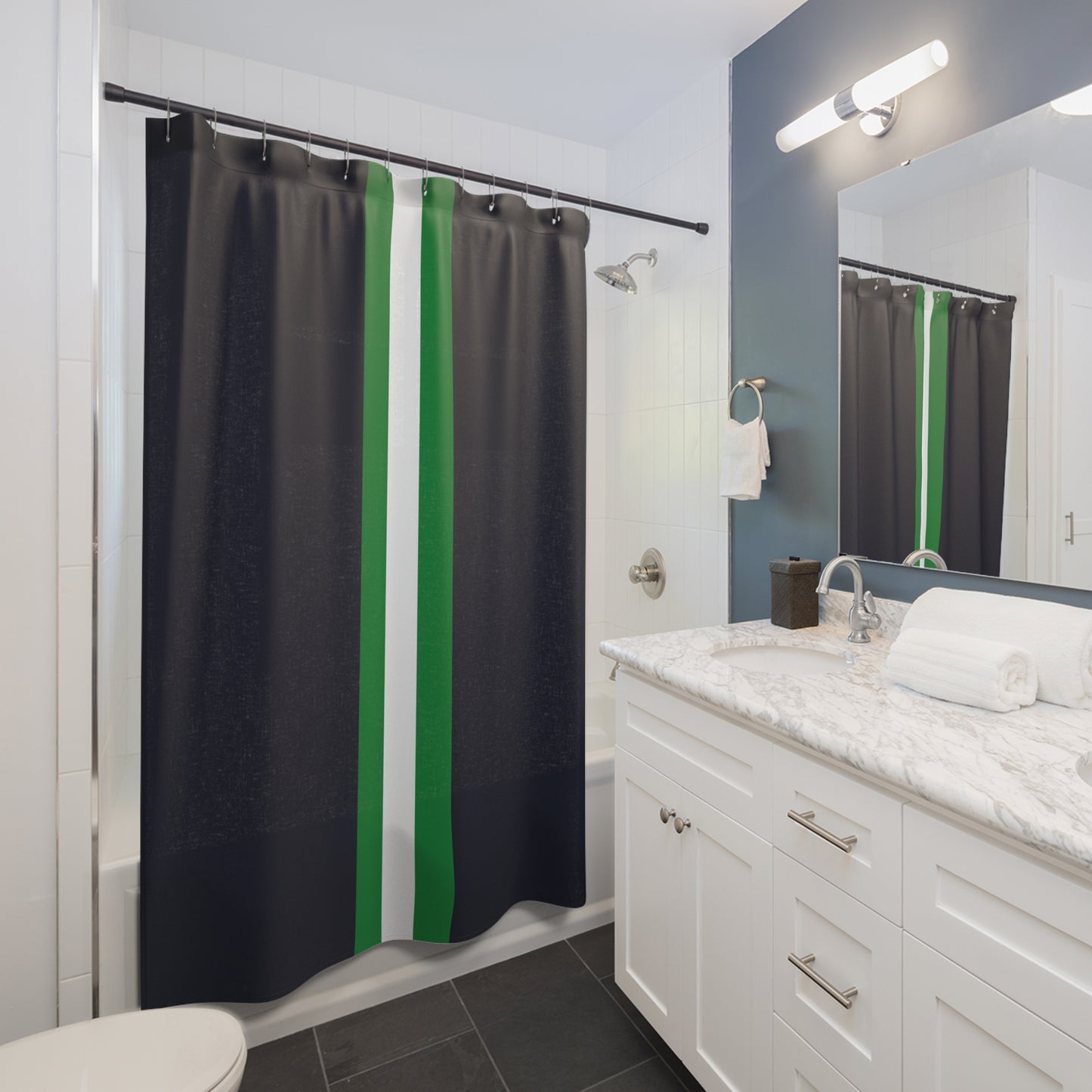 Lunar Midnight & Green-White Striped Modern Striped Shower Curtain, Chic Bathroom Decor, Fresh Stripe Design, Minimalist Home Grooming