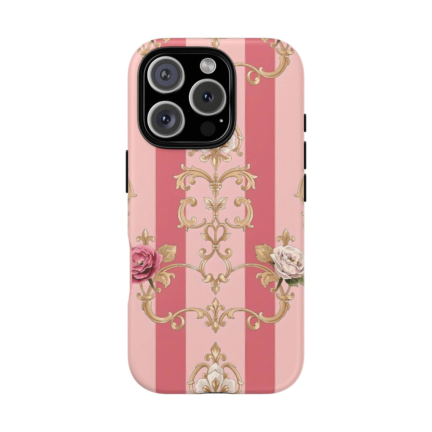 Elegant Floral Motif Phone Case - Tough Cases with Vintage Design - Pink Striped Roses & Damask