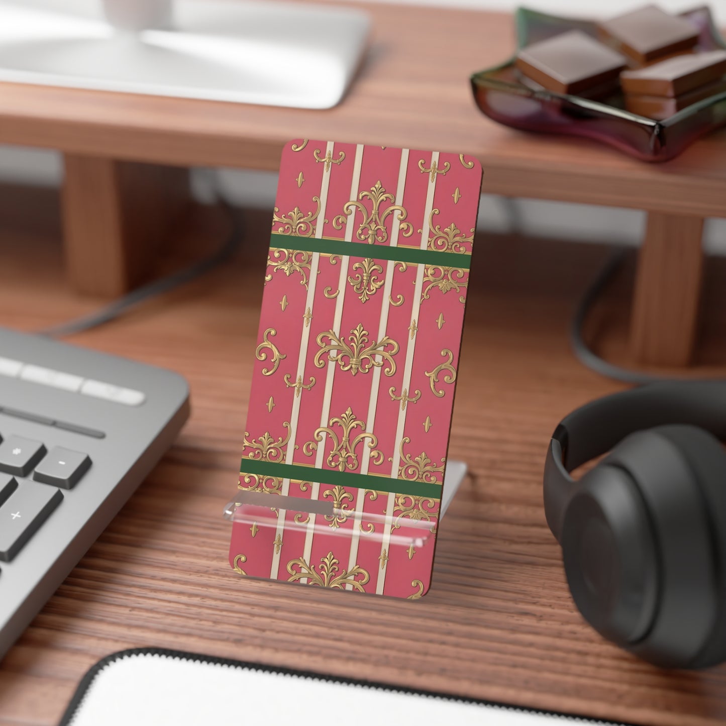 Decorative Green Border Pink Striped Baroque Phone Stand, Elegant Smartphone Holder, Gift for Her, Home Office Decor, Chic Mobile Display