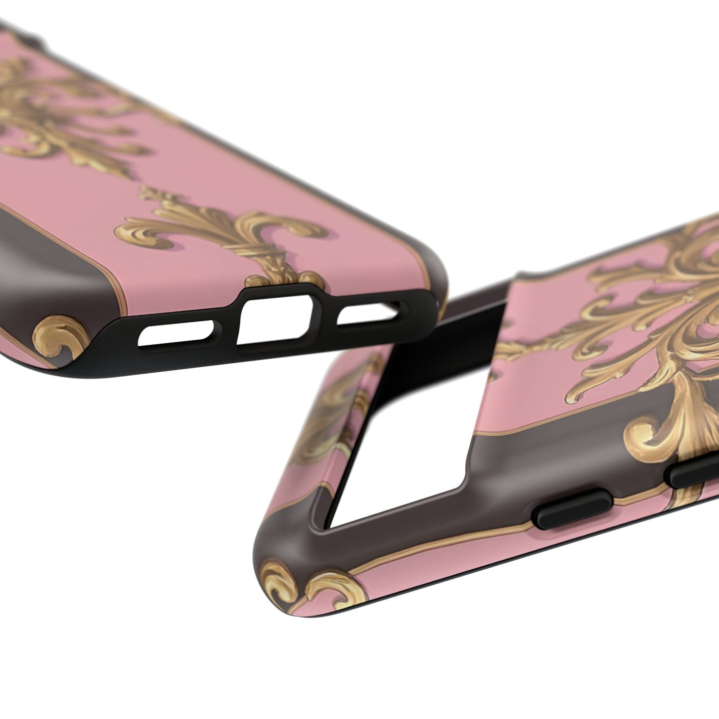 Elegant Floral Motif Phone Case - Tough Cases with Vintage Design - Pink & Brown Striped Gold Damask
