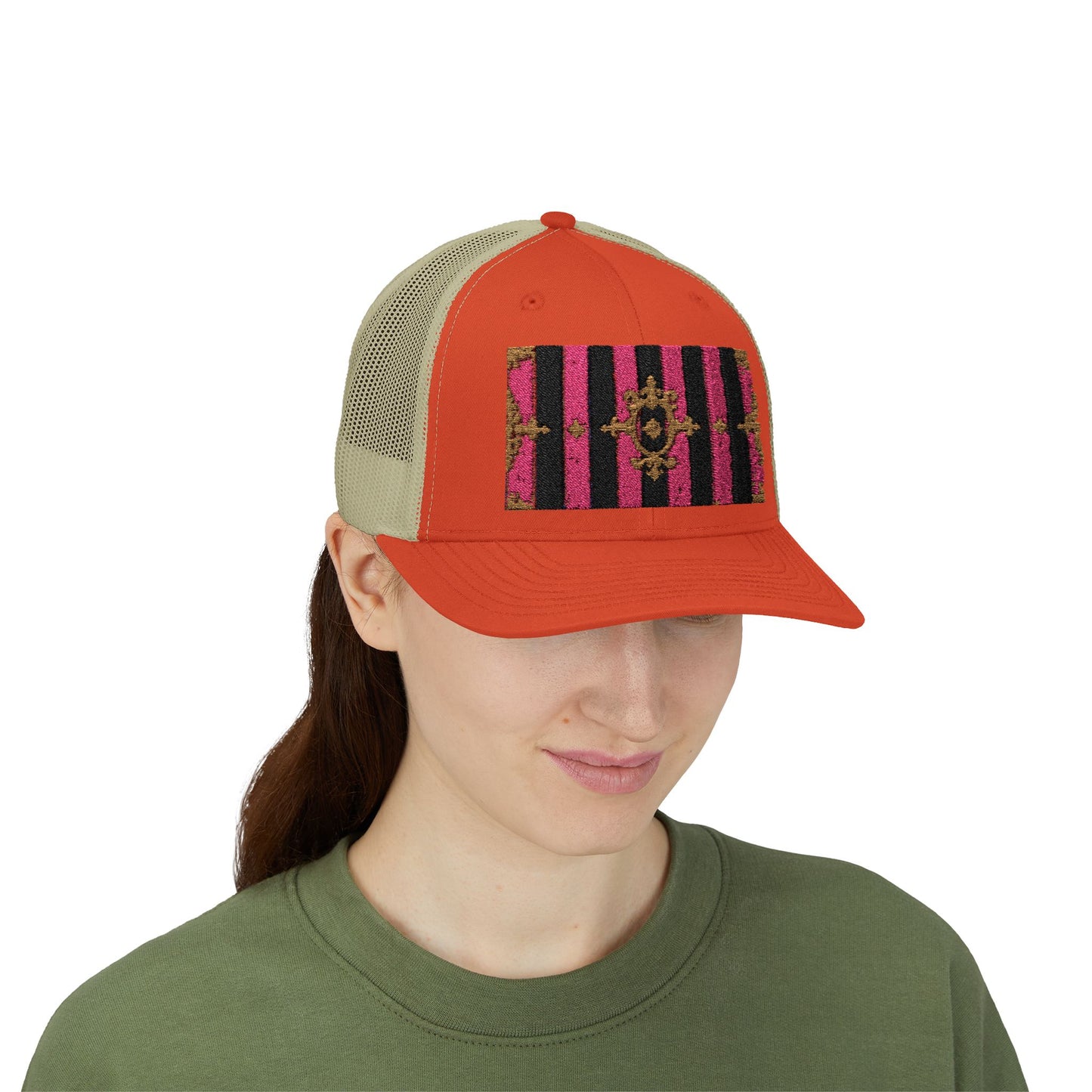 Stylish Snapback Trucker Cap with Black & Mauve Striped Gold Baroque, Trendy Fashion Hat, Perfect Gift for Him/Her