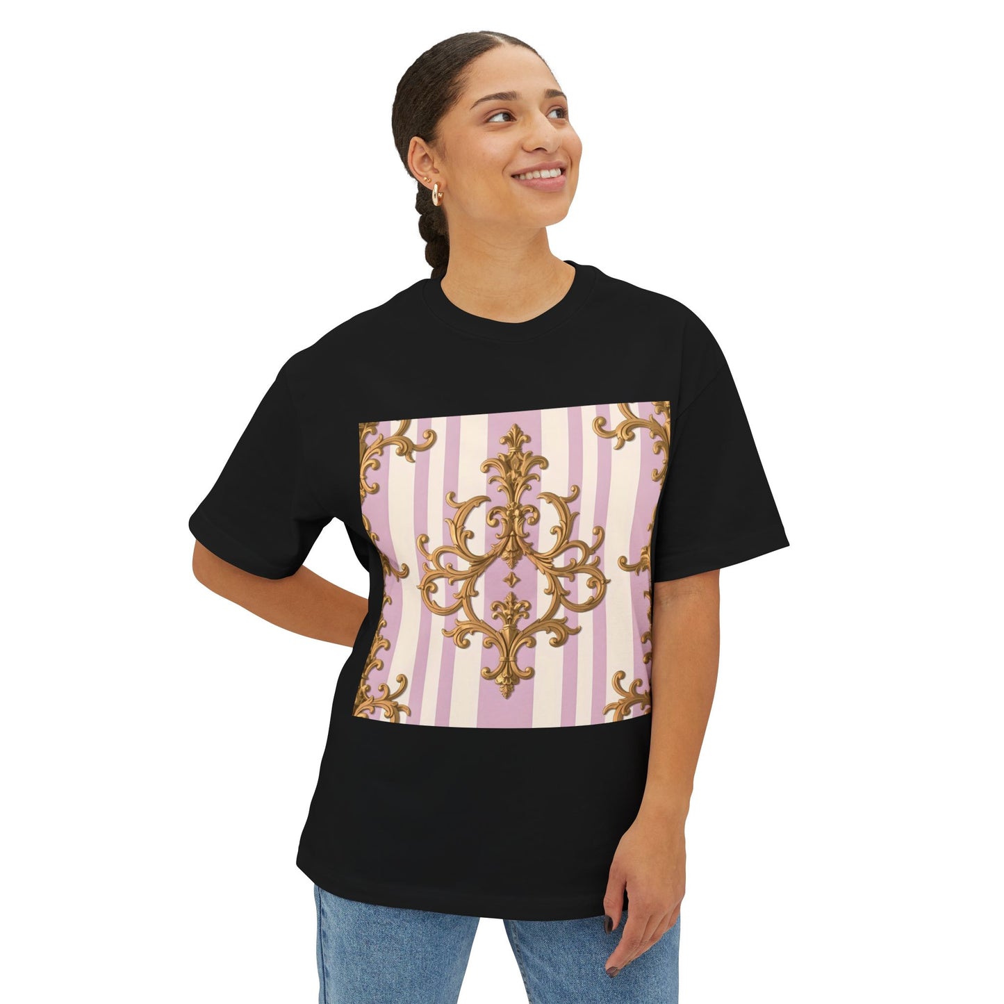 Chic Oversized Boxy Tee for Stylish Comfort, Casual Wear, Graphic Tee, Trendy Fashion, Gifts for Her - Lilac & Alabaster Striped Gold Baroque