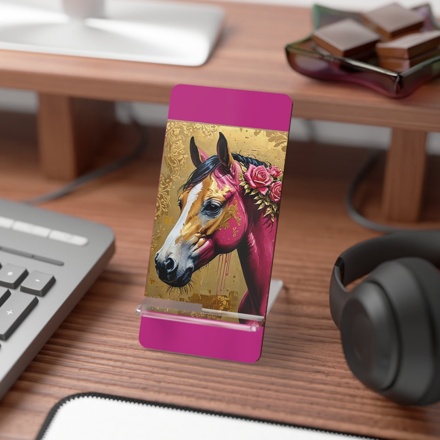 Smartphone Stand - Elegant Horse Design - Magenta & Gold Decorative Holder