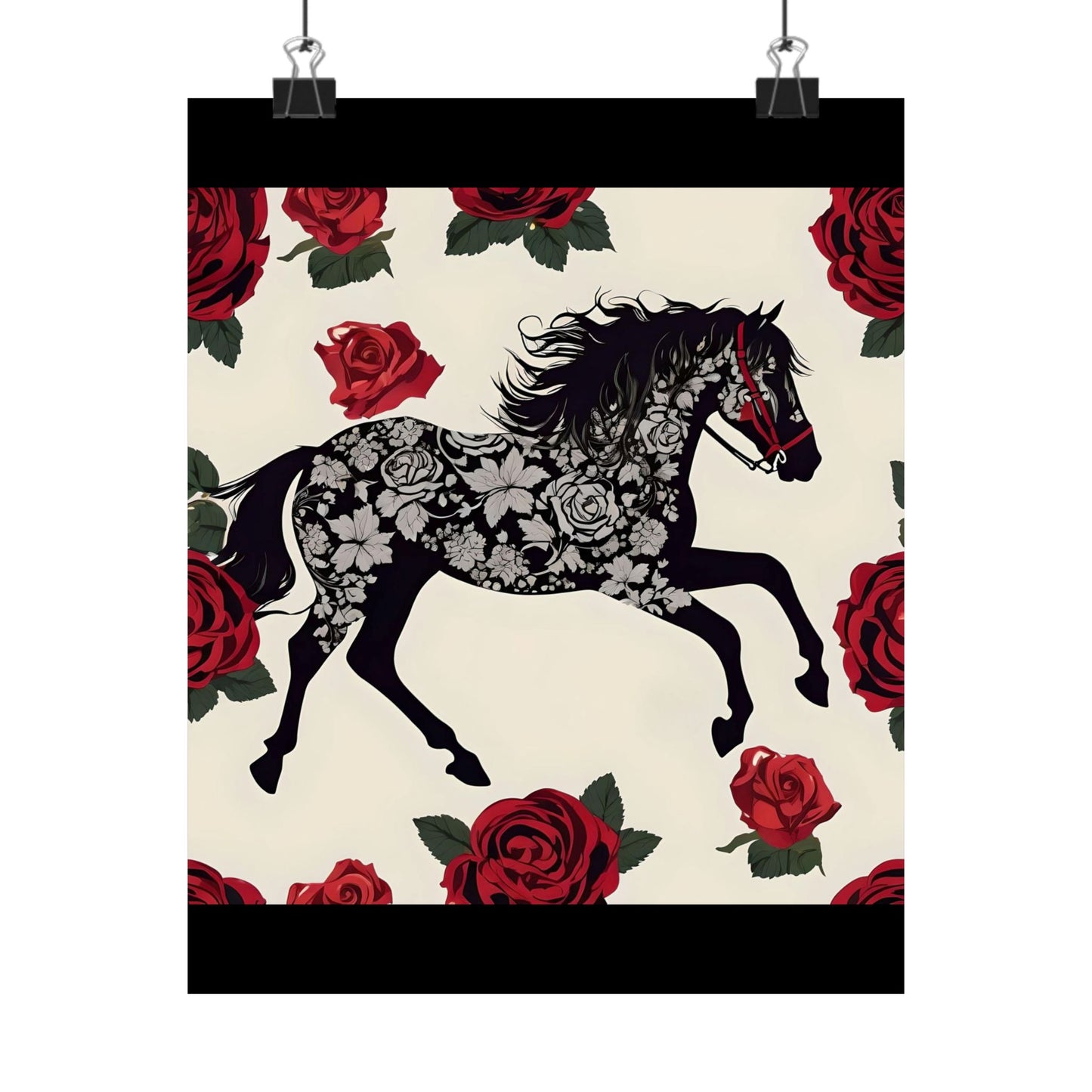 Floral Motif Art Poster - Elegant Matte Vertical Wall Decor - Horse & Roses